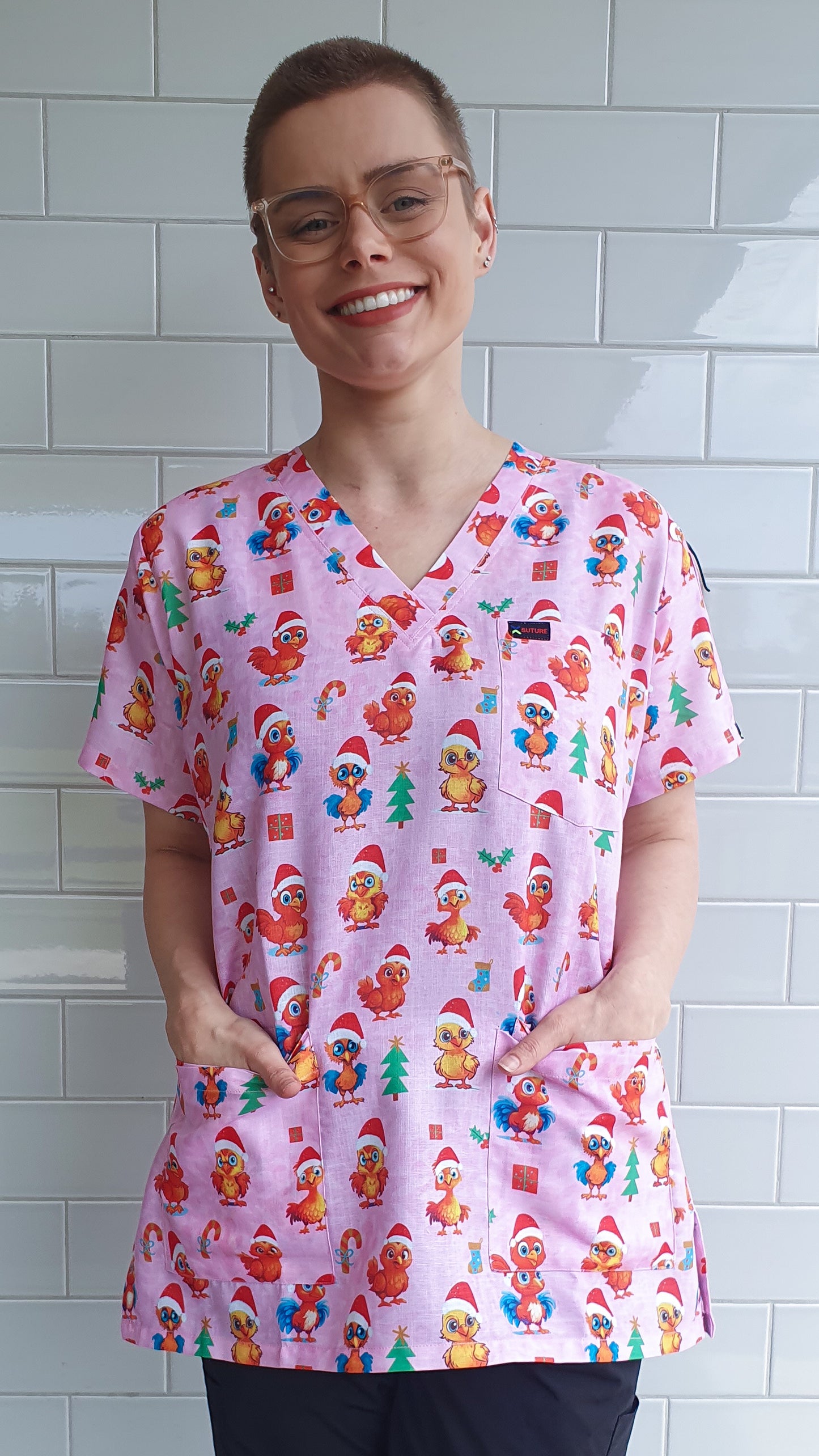 Cute Chicken With Christmas Hat Printed Scrub Top Australia