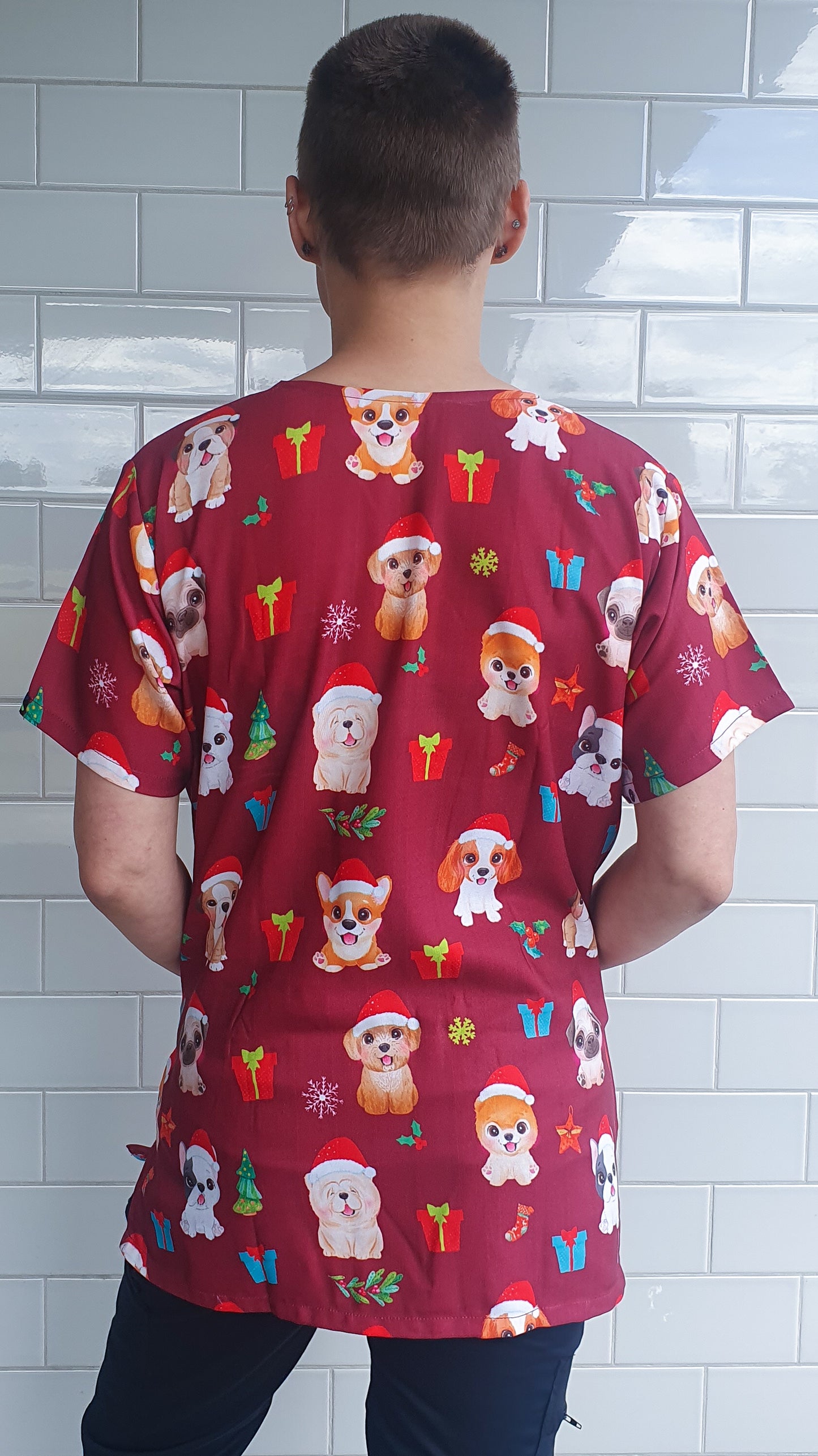 Dog Christmas Printed Medical Nursing Scrub Top Red