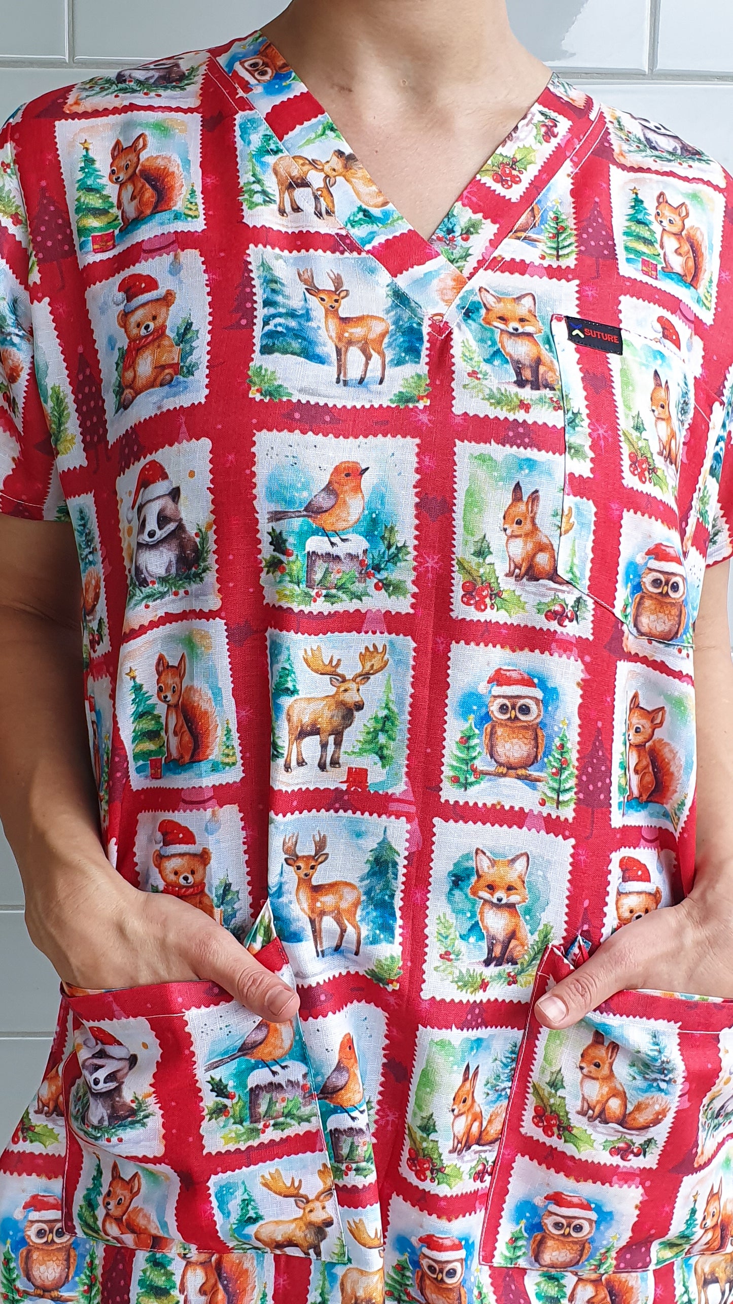 Christmas Animal Stamp Printed Fun  Scrub Top Australia