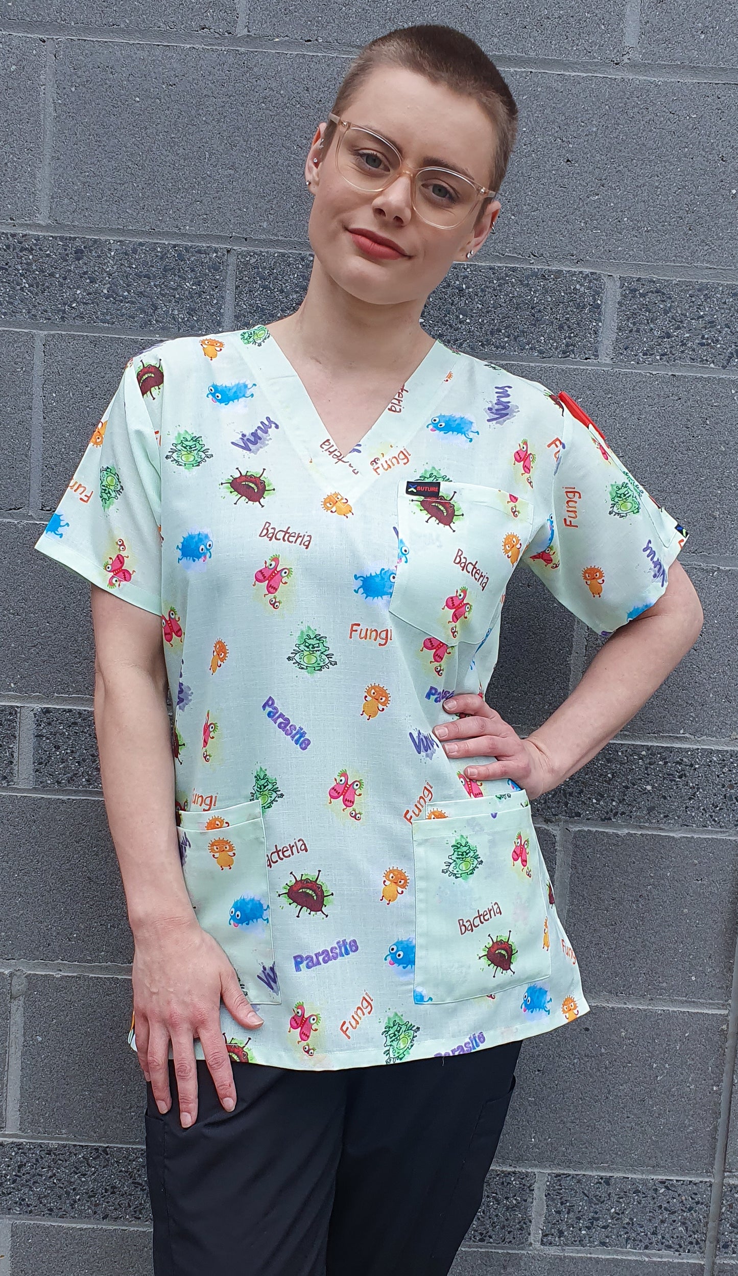 Cute Microorganism Bacteria Virus  Fungi Printed Scrub Top