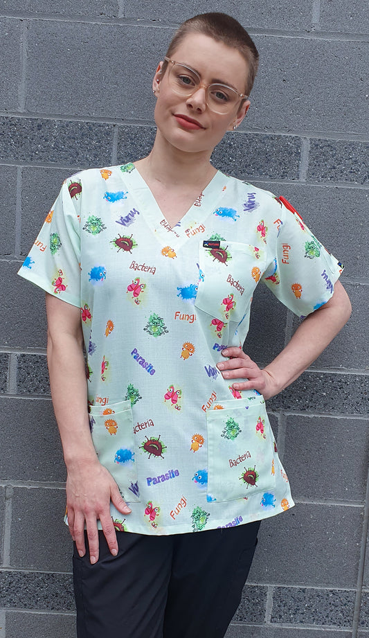 Cute Microorganism Bacteria Virus  Fungi Printed Scrub Top