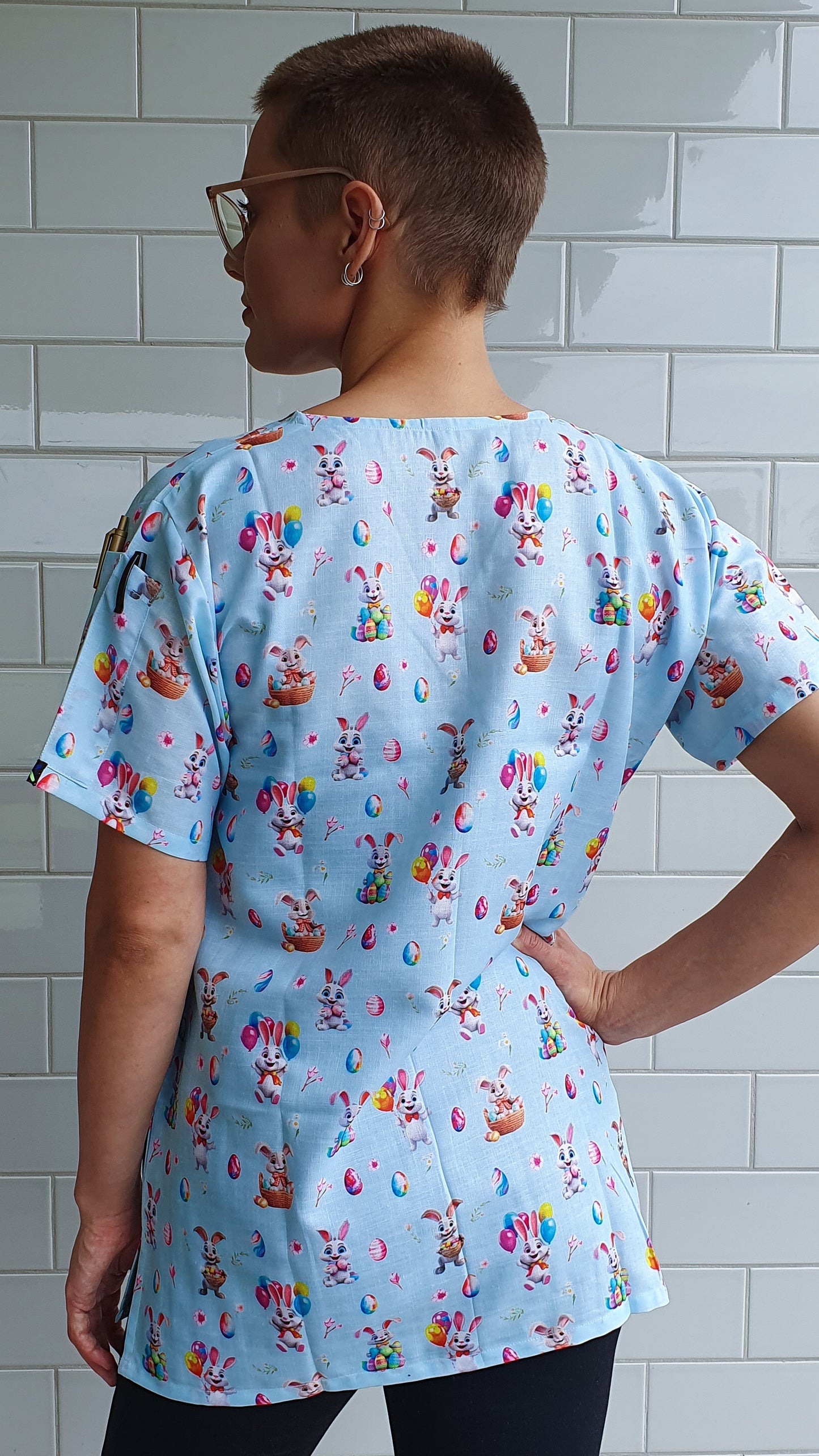 Smiling Easter Bunny with Egg And Baloon  Printed Fun Scrub Top Australia