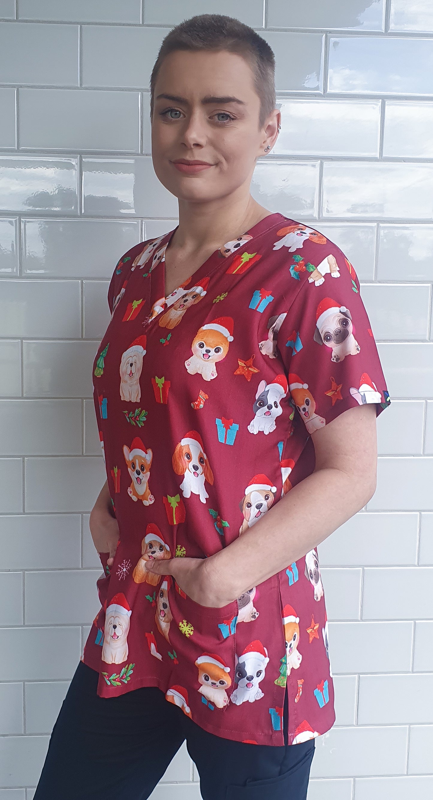 Dog Christmas Printed Medical Nursing Scrub Top Red