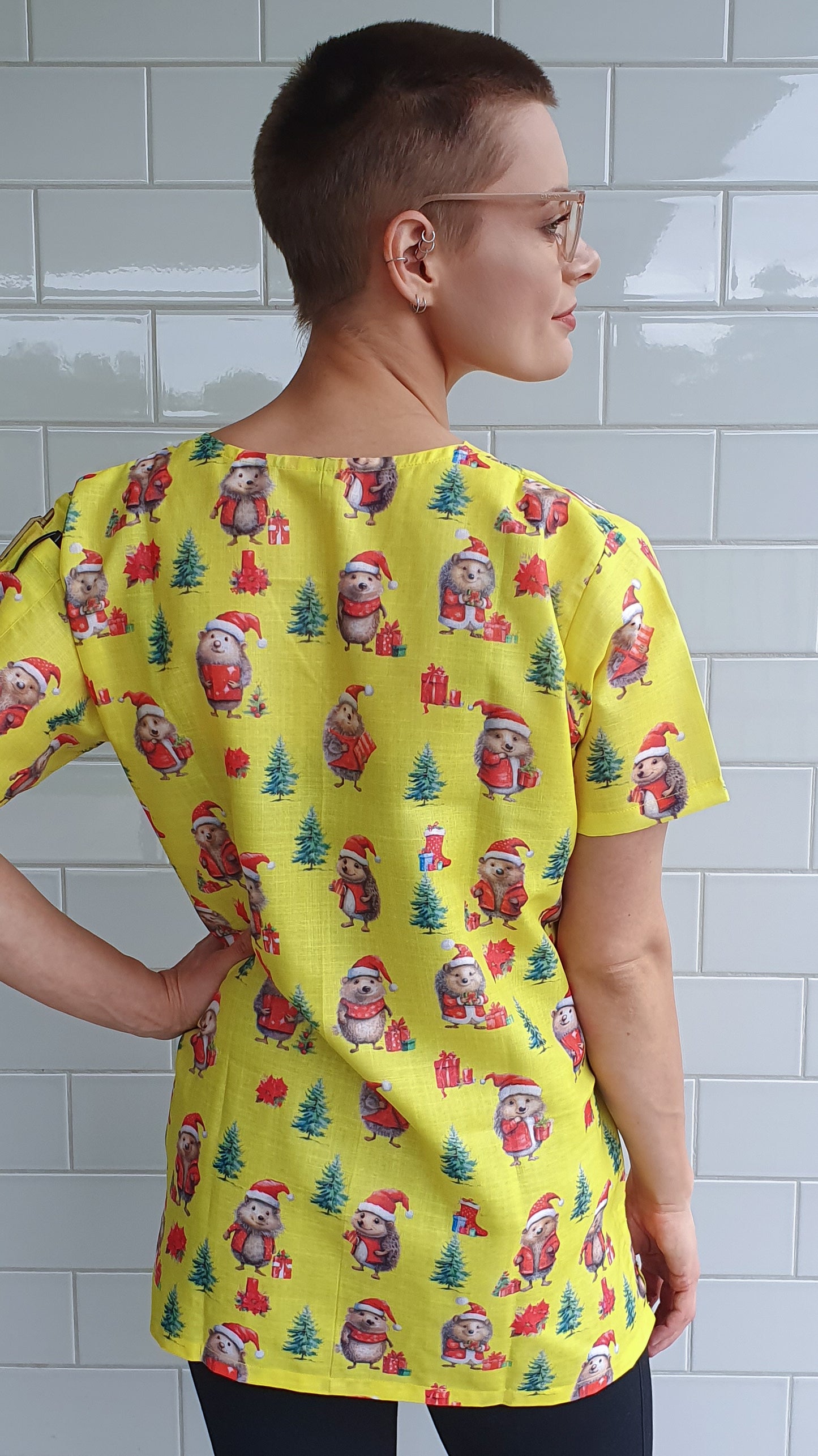 Yellow Hedgehog Christmas Printed Fun  Scrub Top Australia