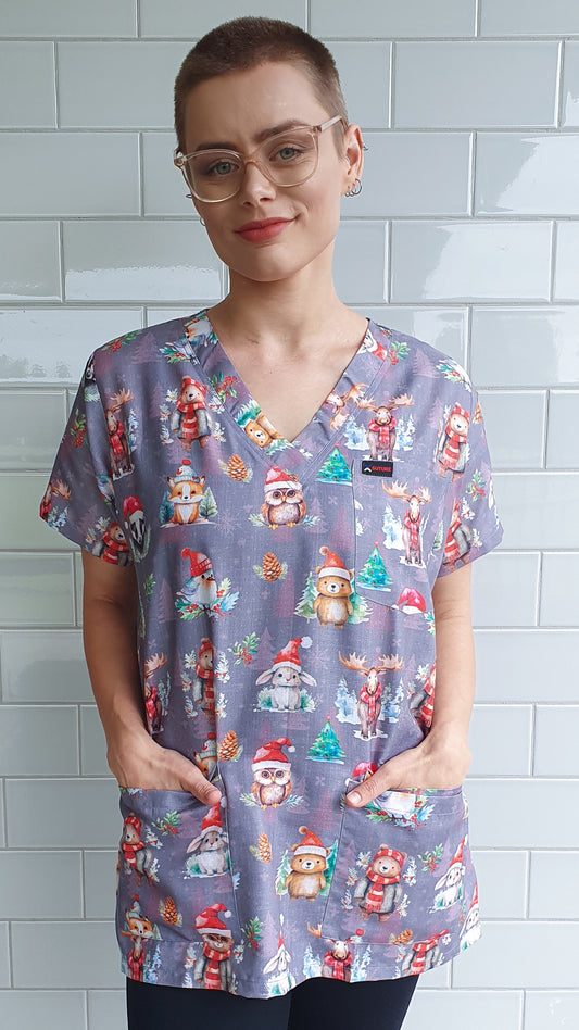 Grey Christmas Animal Printed Fun  Scrub Top Australia