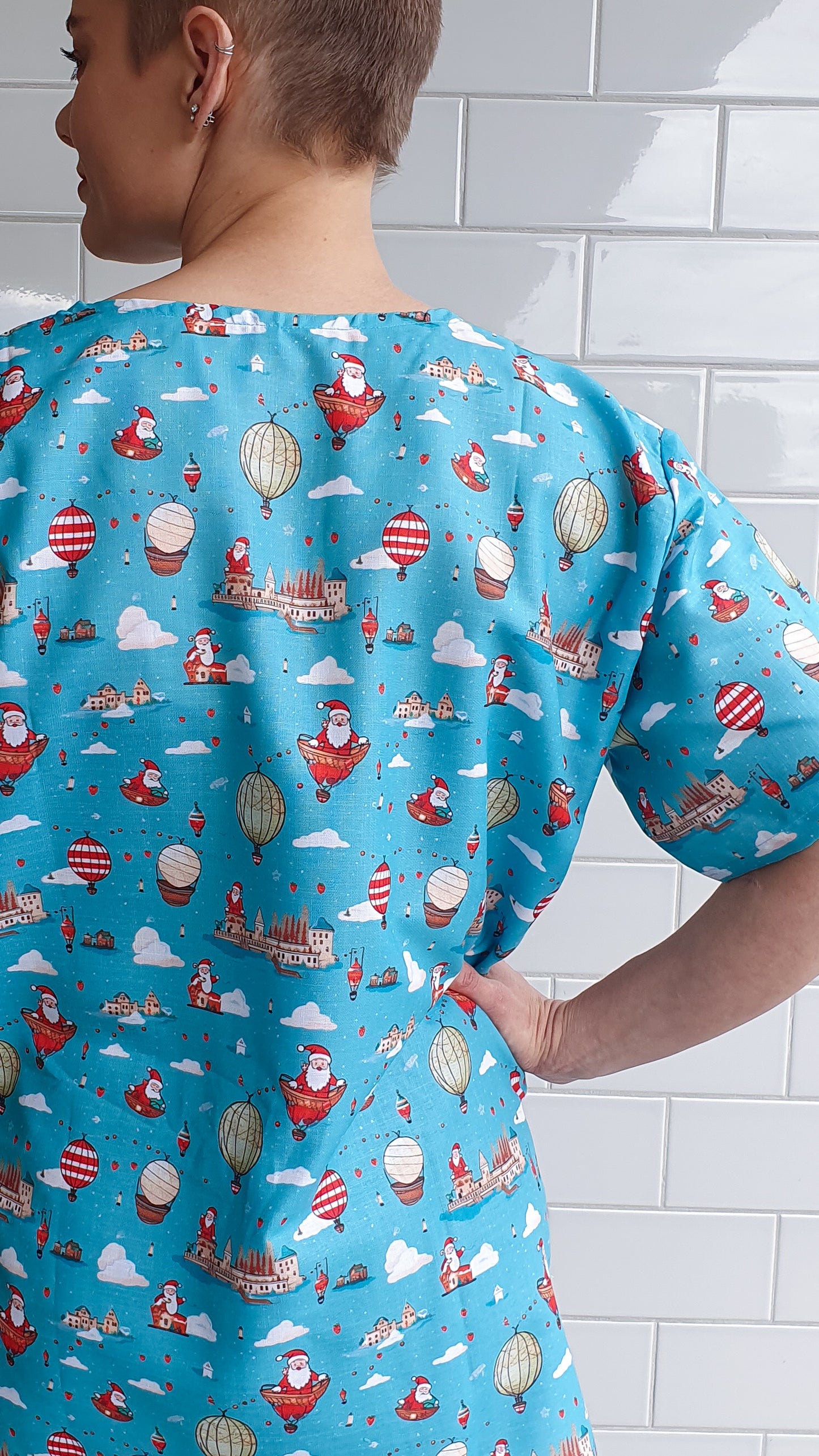 Santa In Sky Printed Christmas Scrub Top Australia