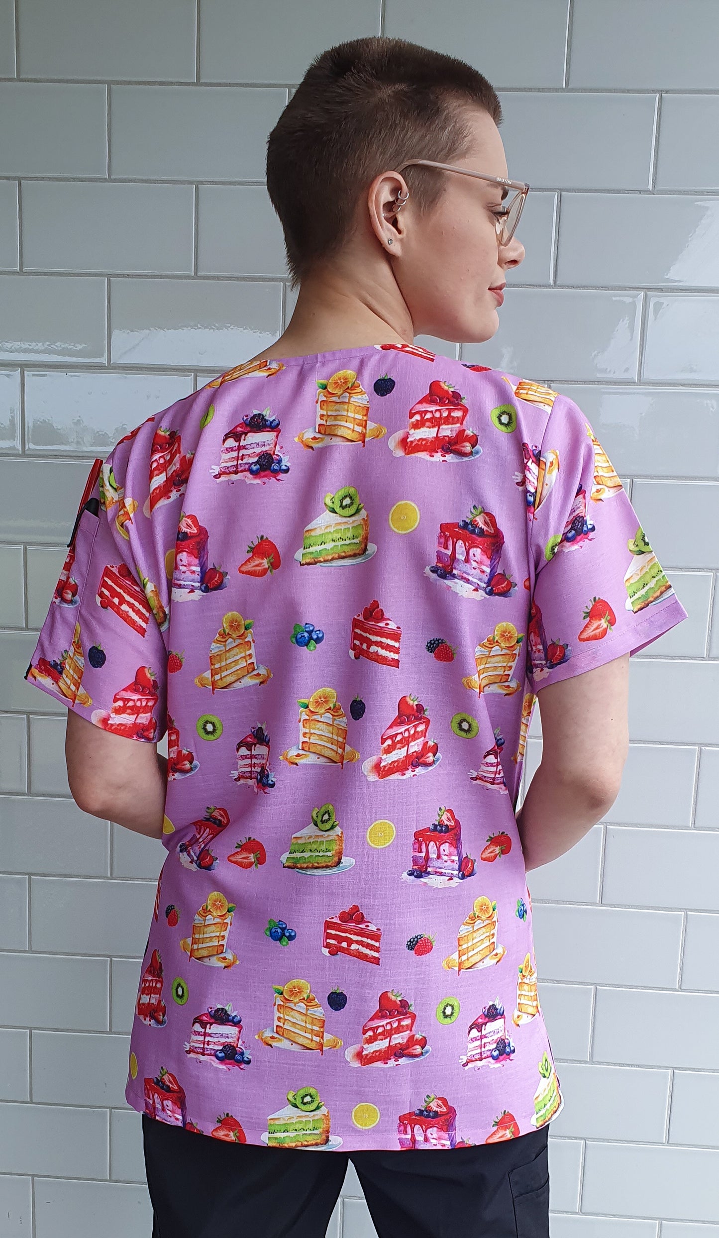 Cake Slice With Fruits Printed Fun Scrub Top Australia