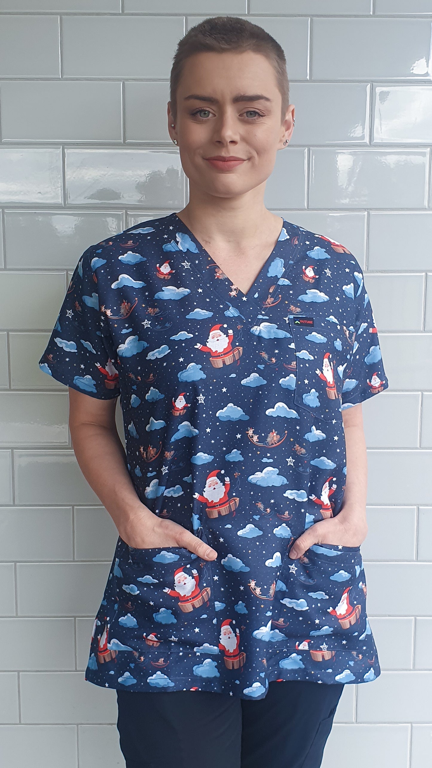 Santa in Clouds Christamas  Printed Scrub Top Australia