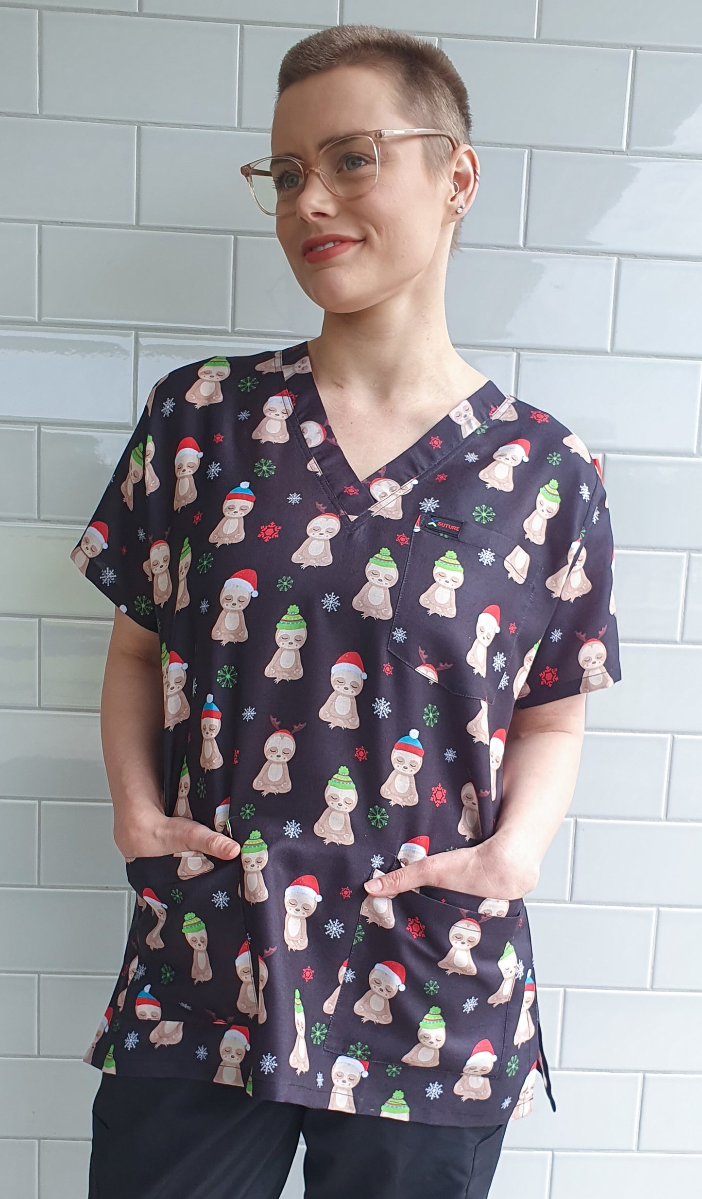 Meditating Sloth Christmas Printed Scrub Top For Women