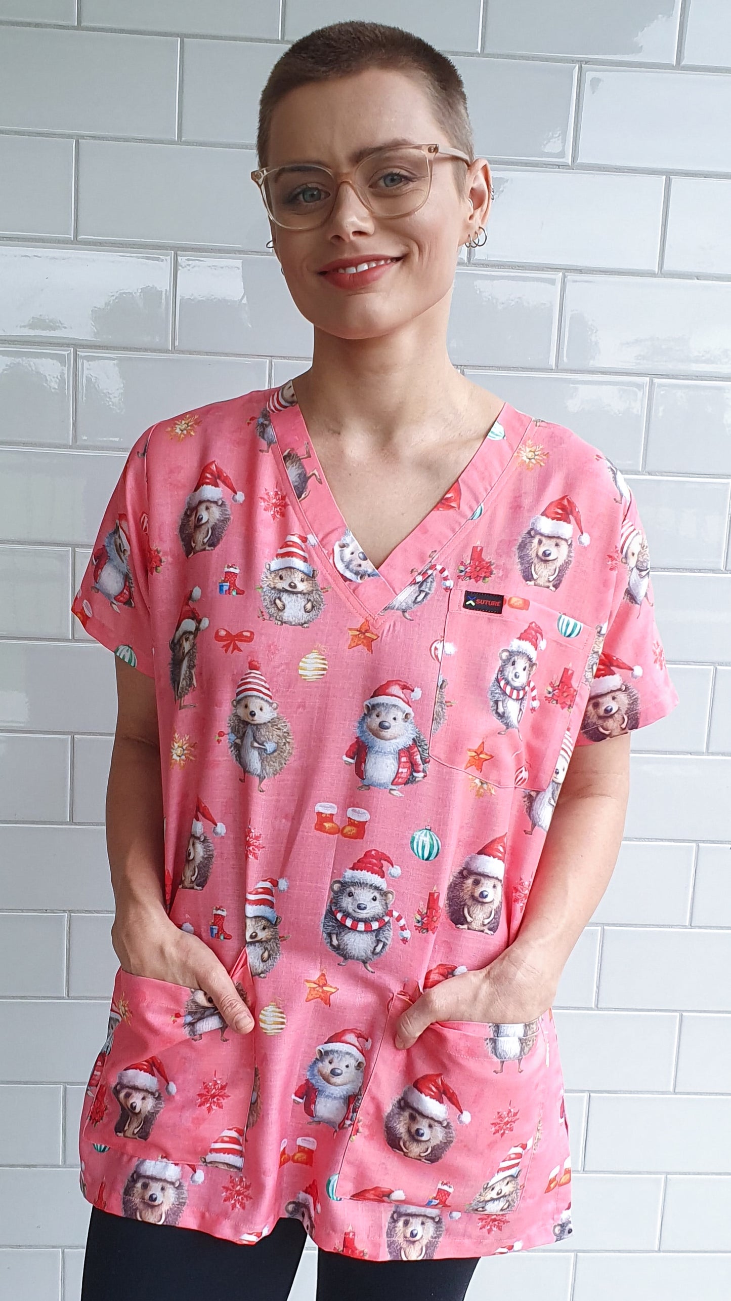 Hedgehog Christmas Printed Fun  Scrub Top Australia