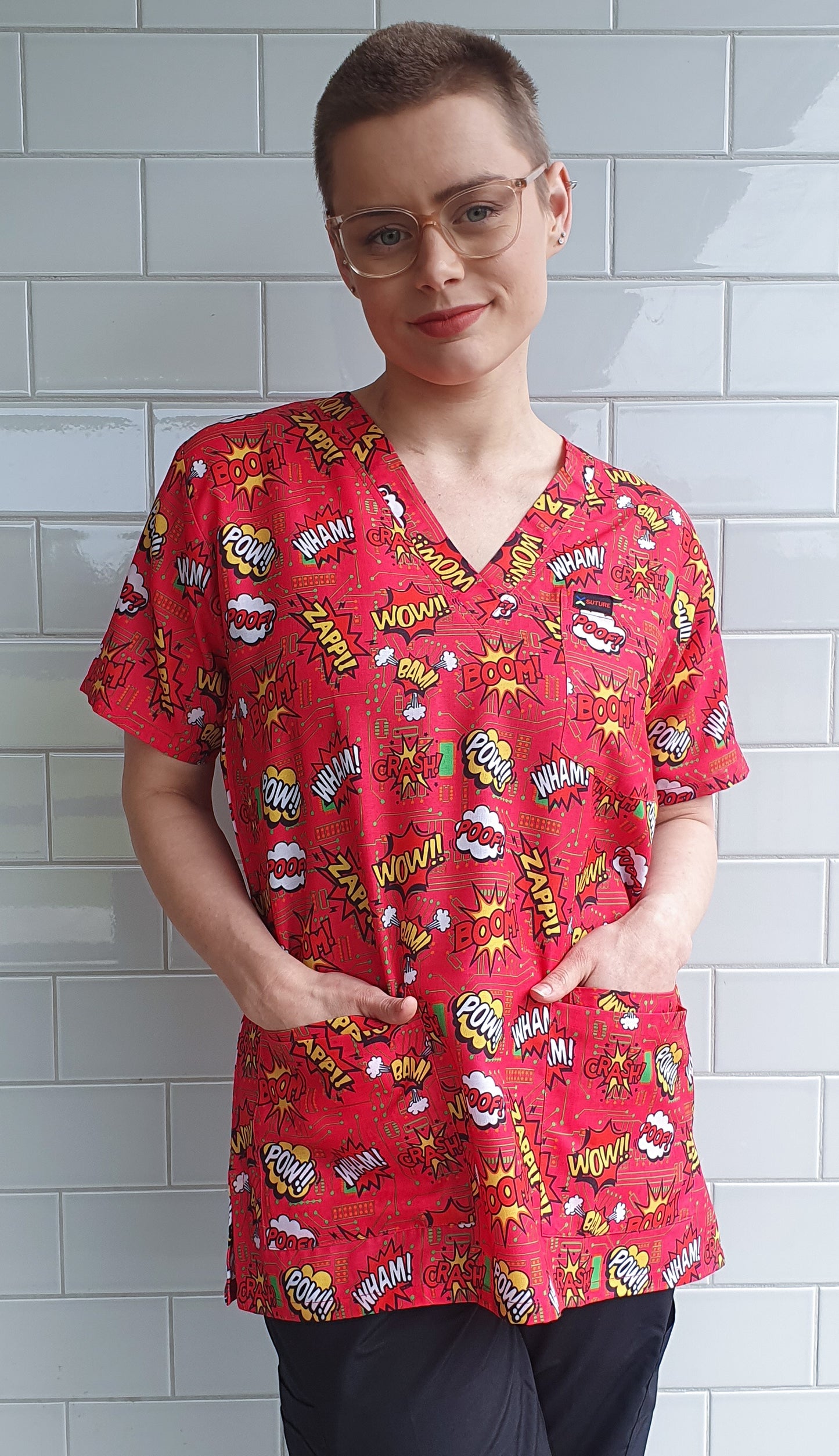 Comics Bubbles Super Hero Printed Fun Scrub Top Australia