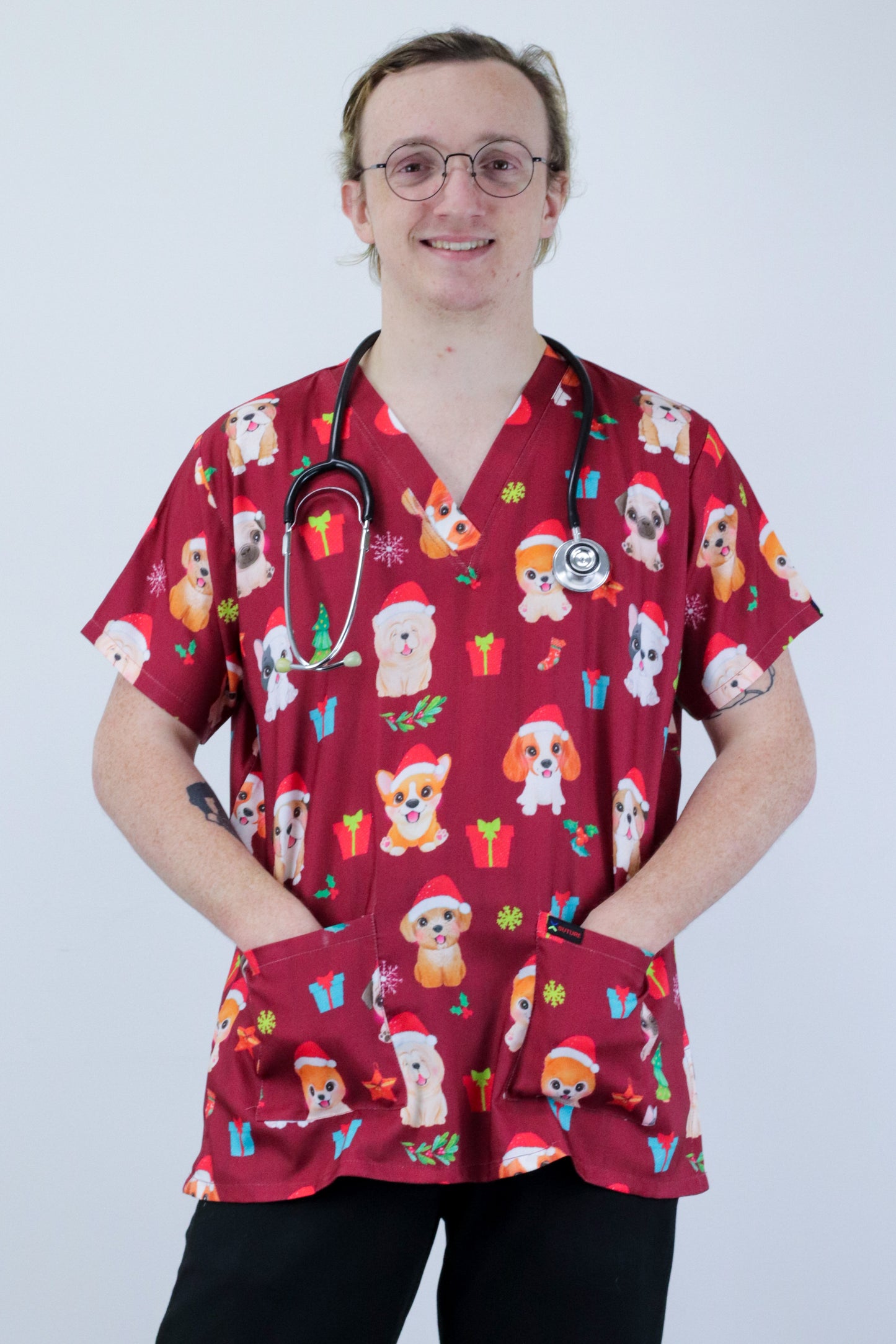 Dog Christmas Printed Medical Nursing Scrub Top Red