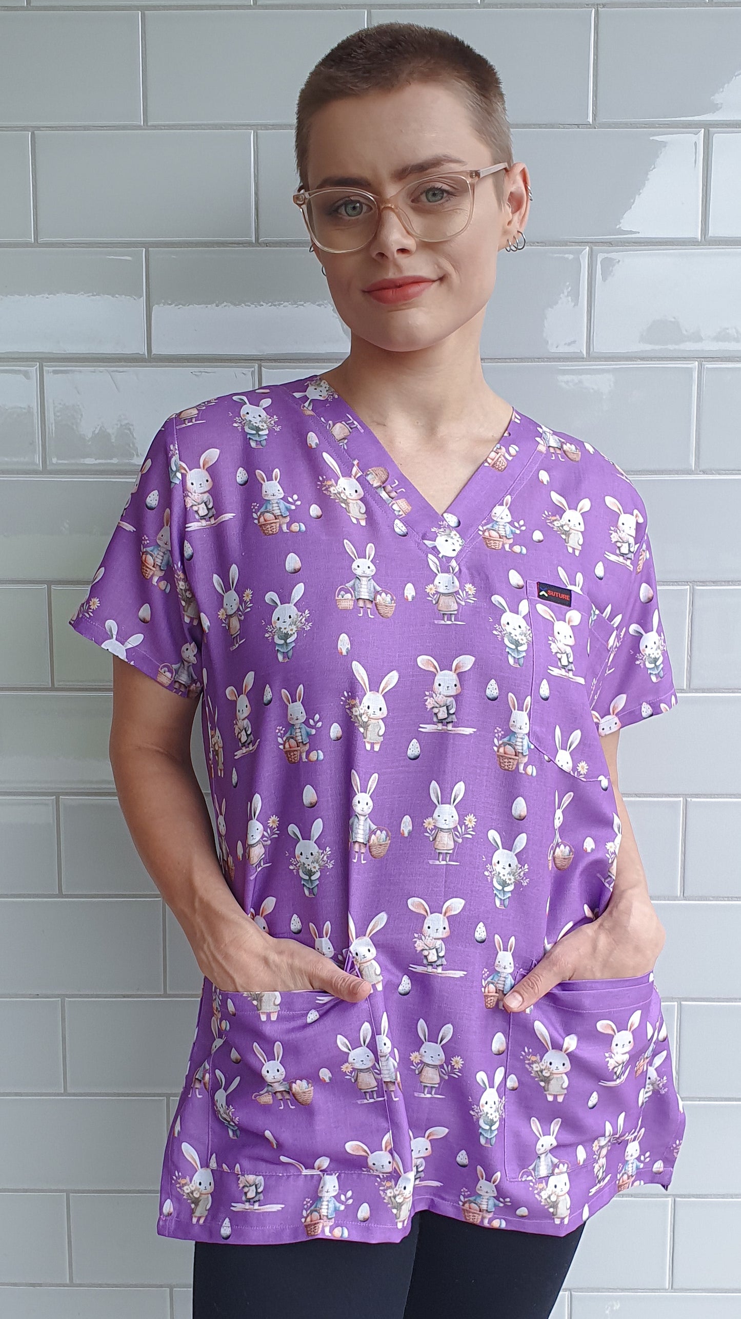 Easter Bunny Egg And Flower Basket Printed Fun Scrub Top Australia