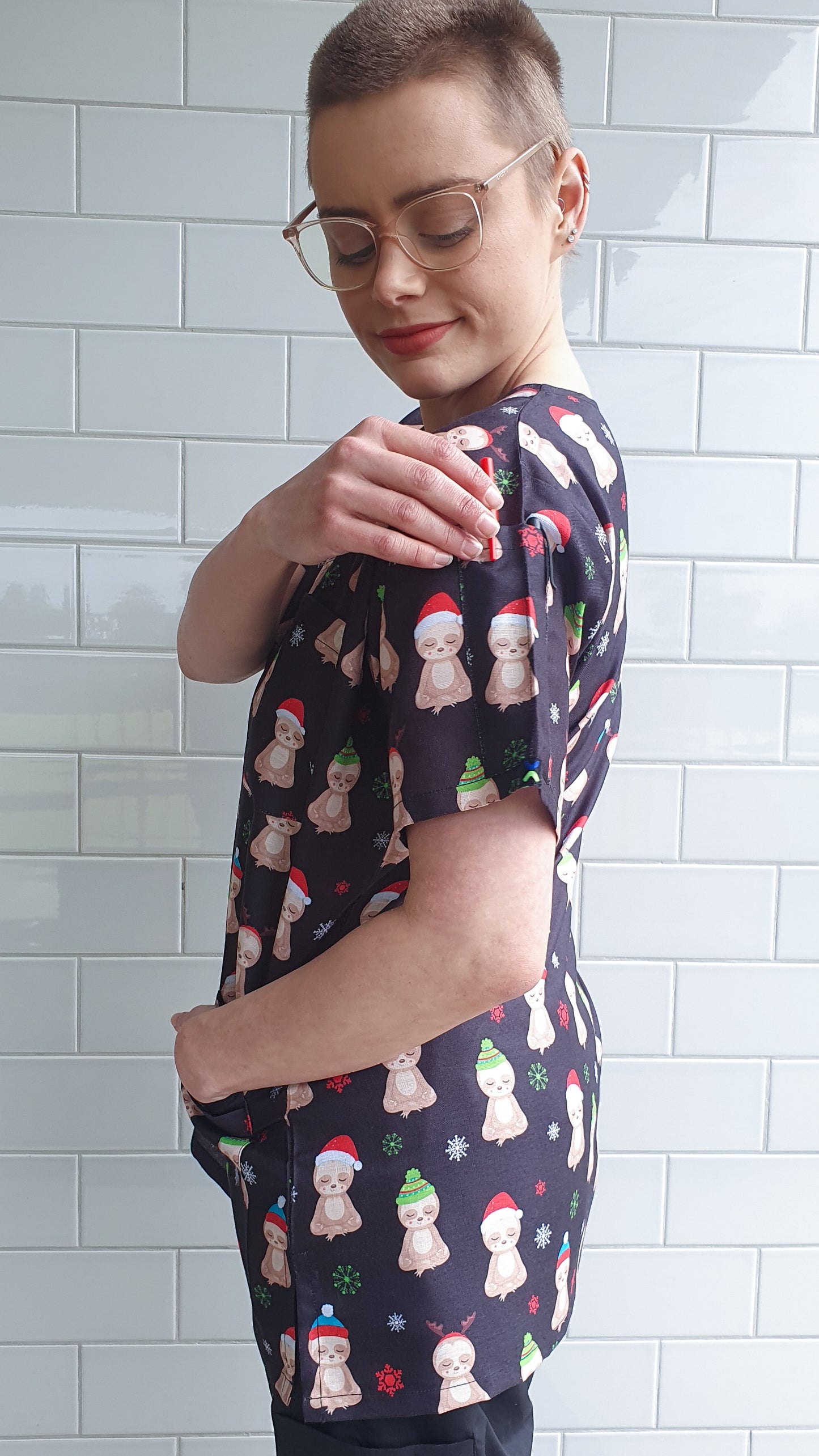 Meditating Sloth Christmas Printed Scrub Top For Women