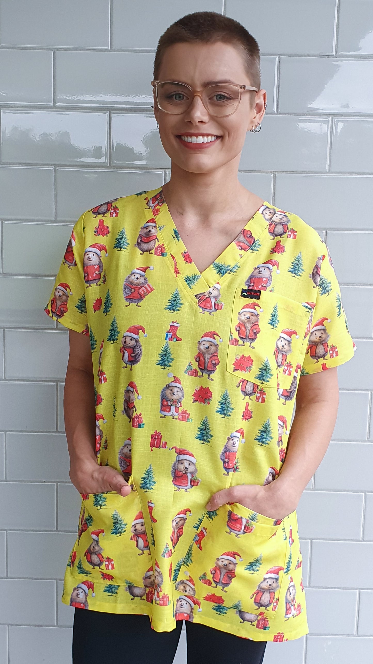 Yellow Hedgehog Christmas Printed Fun  Scrub Top Australia