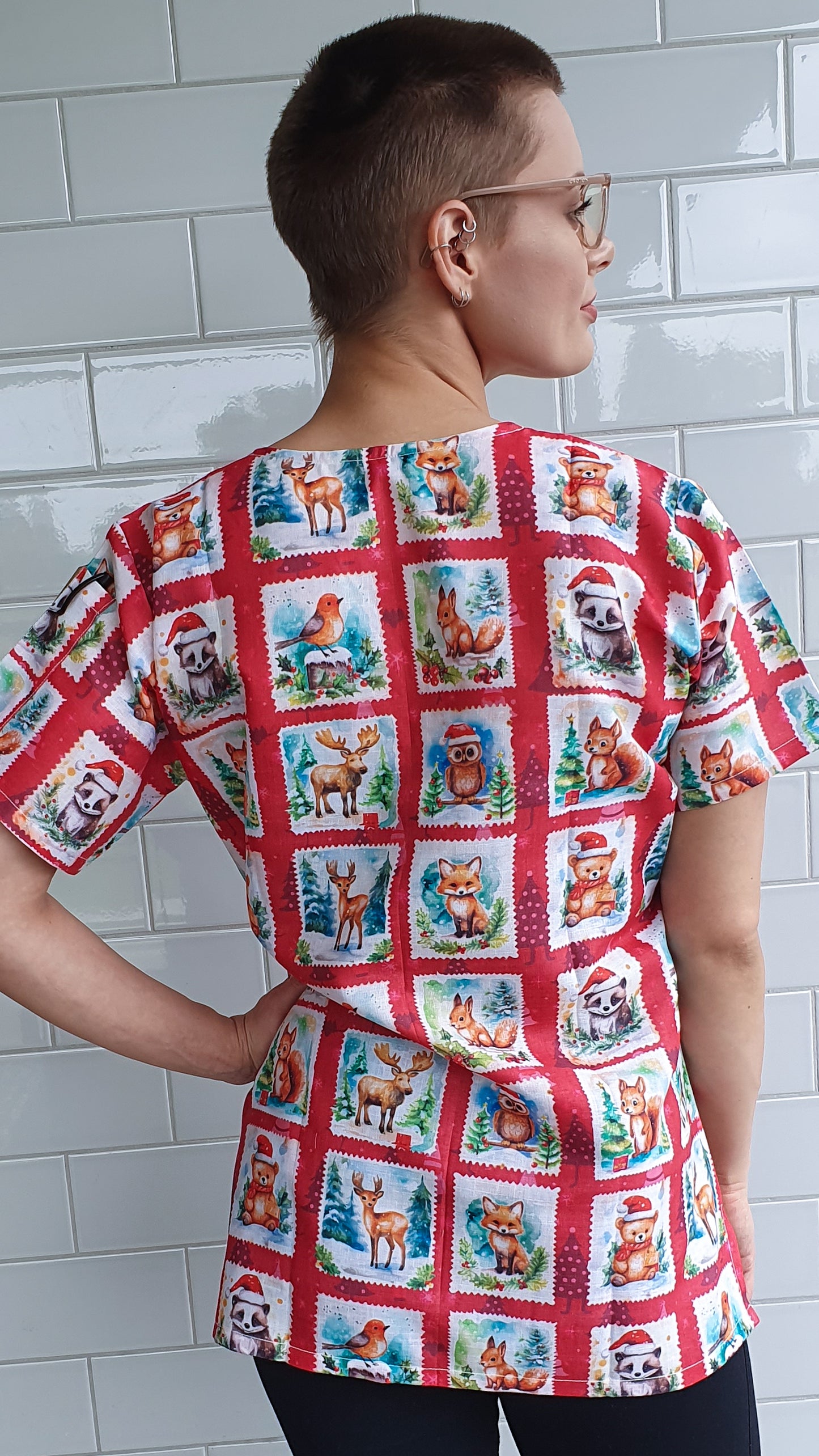 Christmas Animal Stamp Printed Fun  Scrub Top Australia