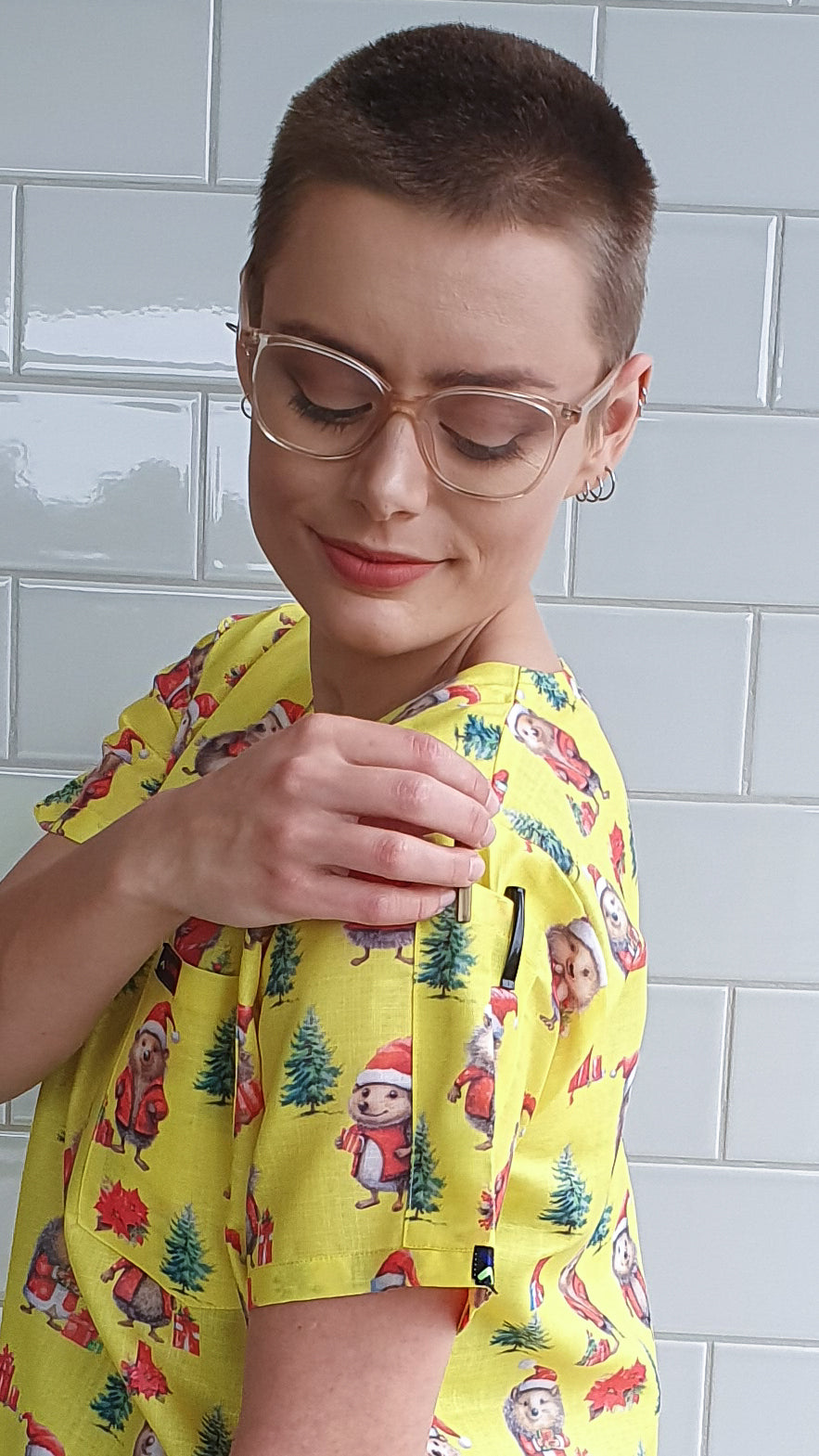 Yellow Hedgehog Christmas Printed Fun  Scrub Top Australia