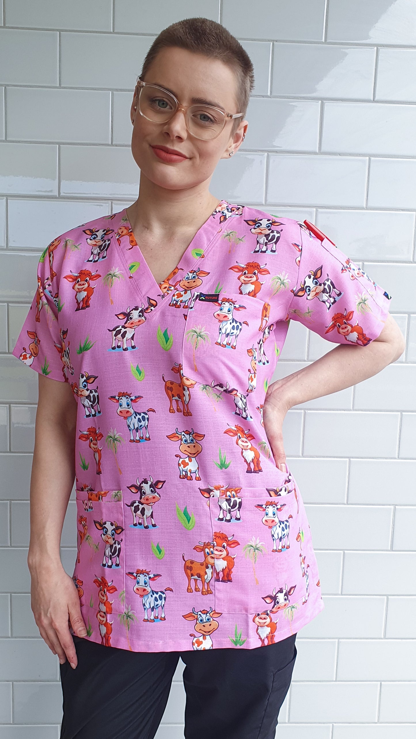 Smiling Cow With Green Trees  Printed Fun Scrub Top Australia