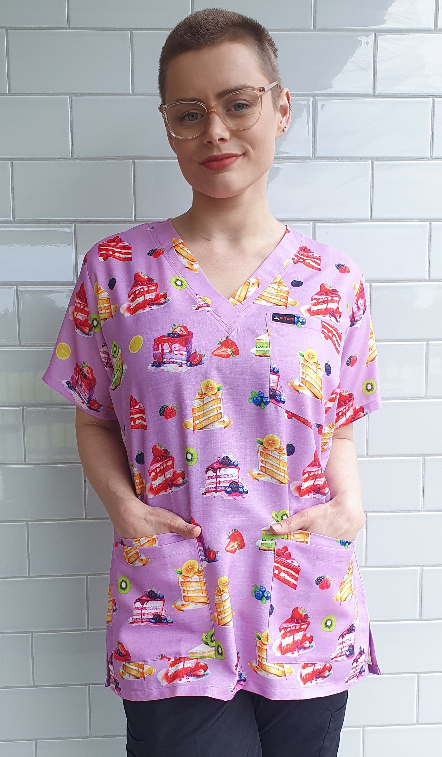 Cake Slice With Fruits Printed Fun Scrub Top Australia