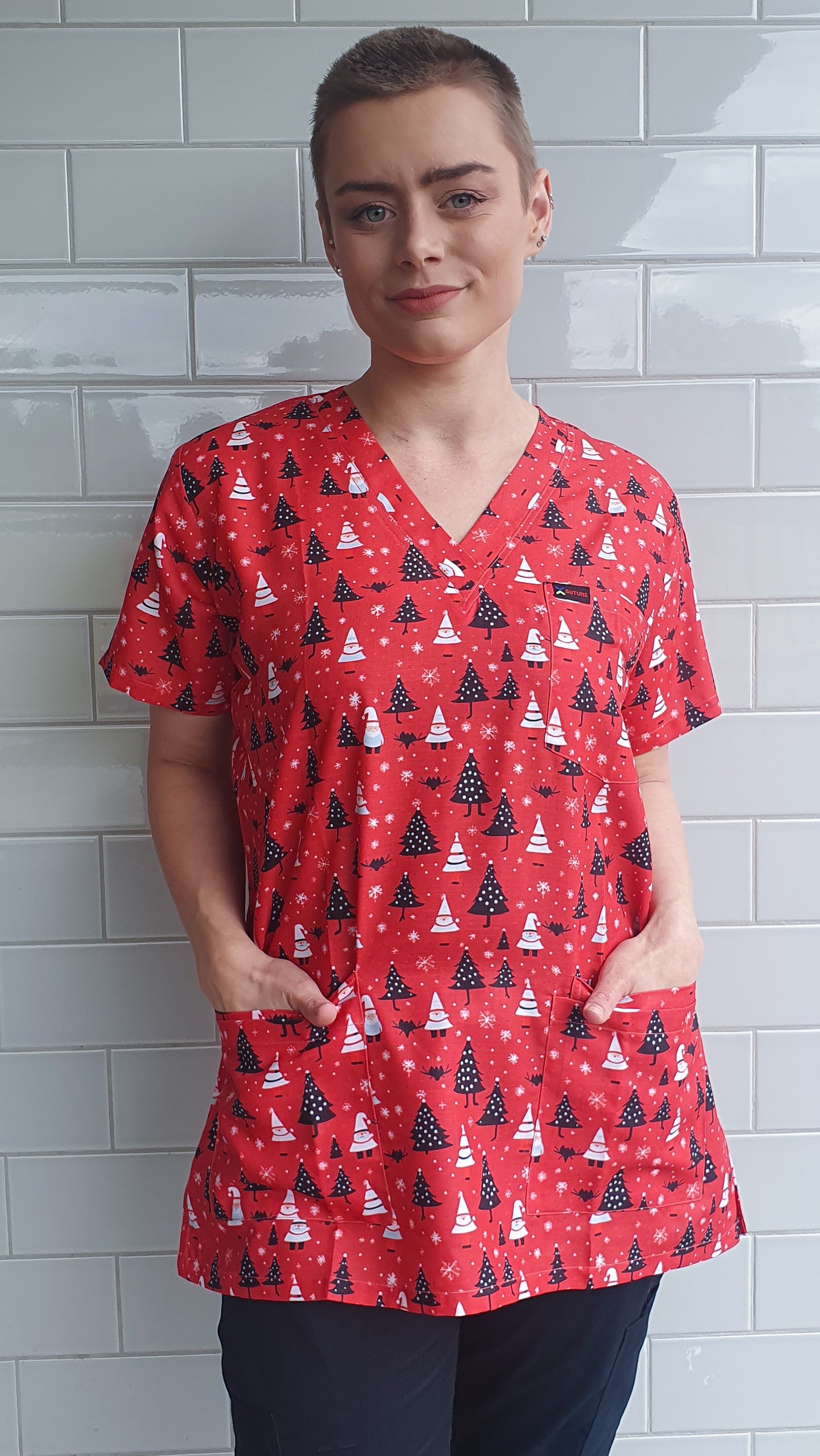 Christmas Tree and Santa Printed Red Christmas Scrub Top Australia