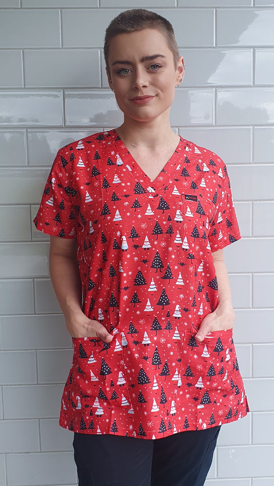 Christmas Tree and Santa Printed Red Christmas Scrub Top Australia