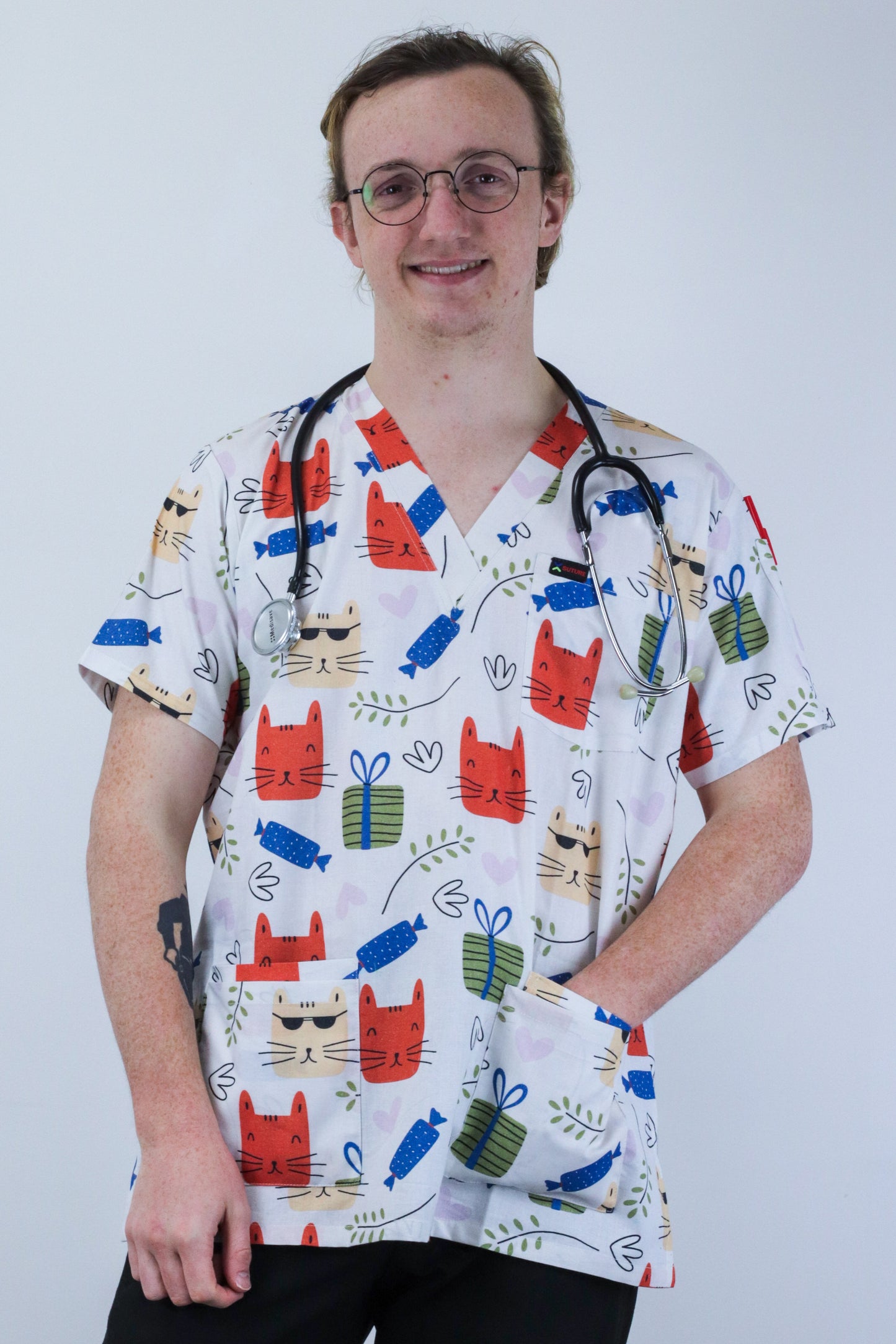 Cute Cat With Glasses Fun Printed Scrub Top Australia Nurses Doctors Allied Health