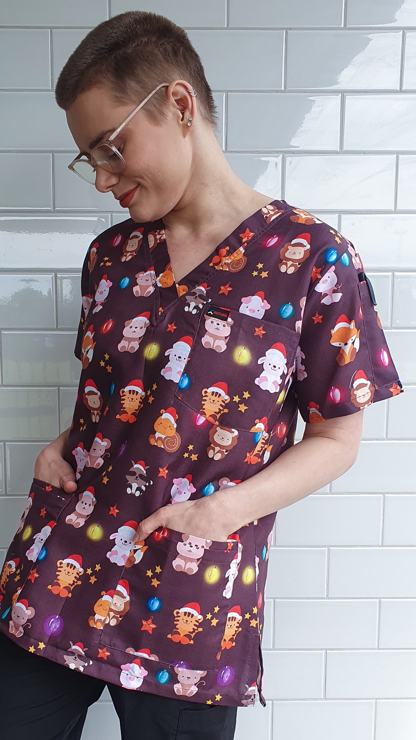 Cute Animal With Glowing Christmas Light Printed Scrub Top Australia