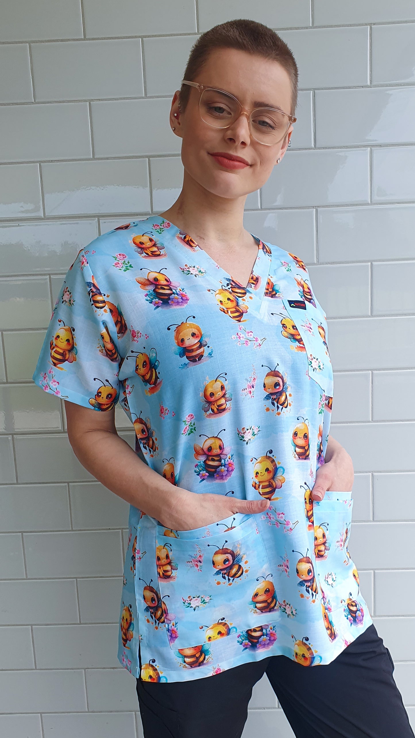 Cute Bees With Flowers Printed Fun Scrub Top Australia