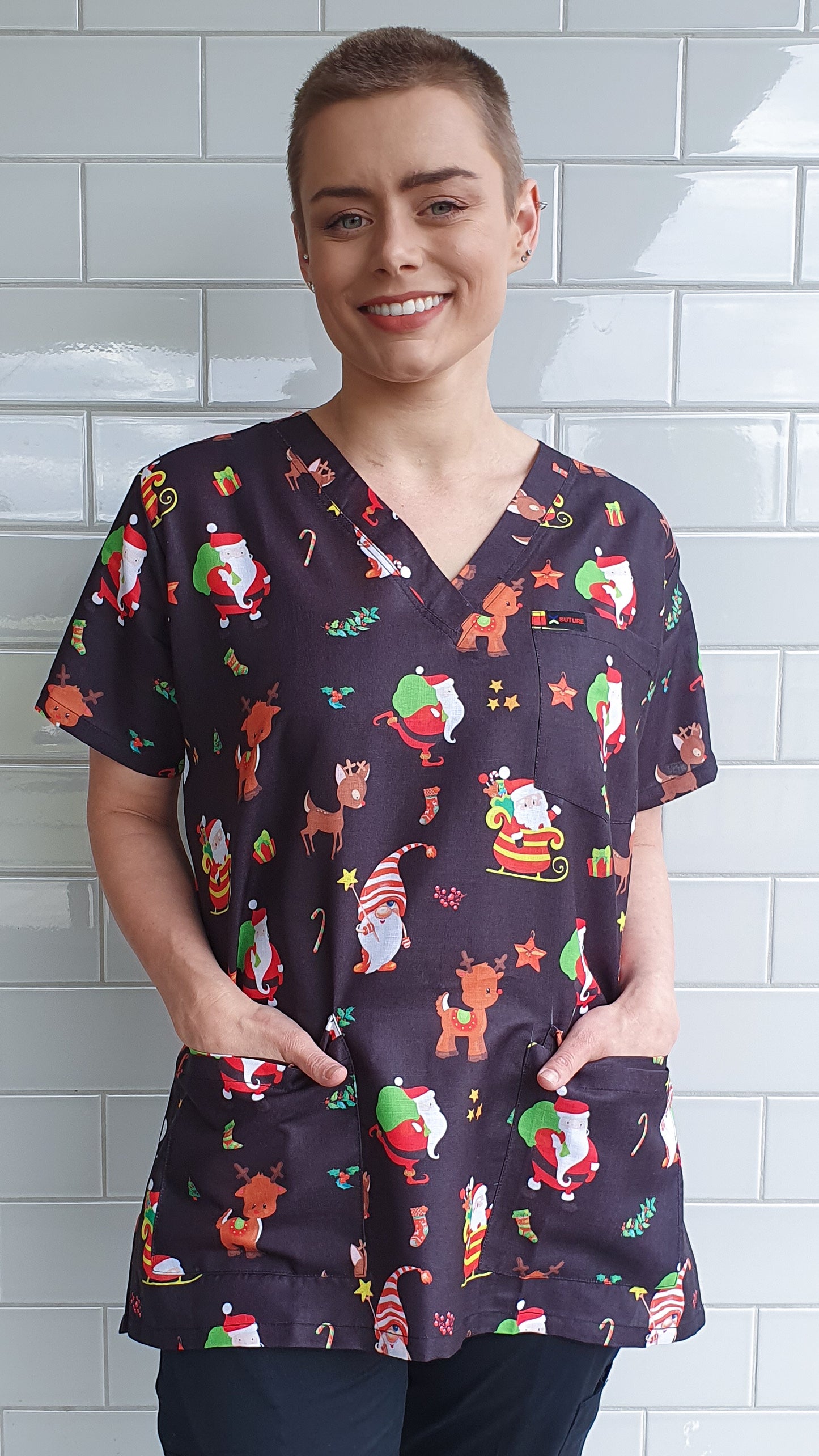 Santa Reindeer Printed Black Christmas Scrub Top Australia