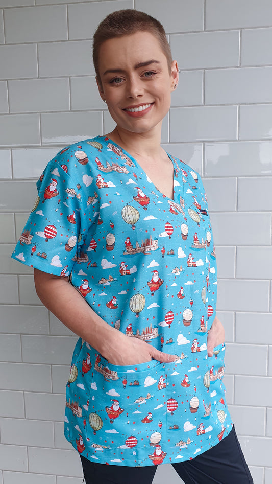 Santa In Sky Printed Christmas Scrub Top Australia