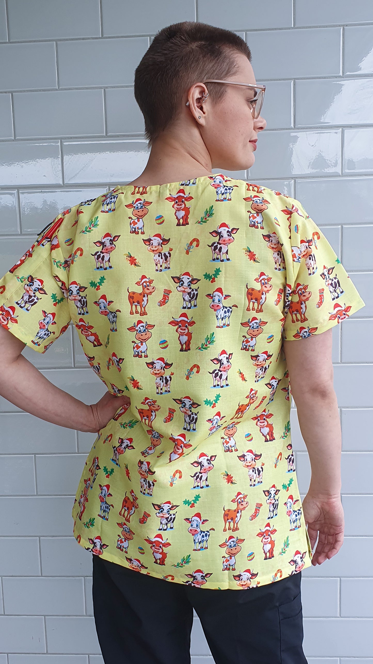 Cute Cow With Christmas Hat Printed Scrub Top Australia