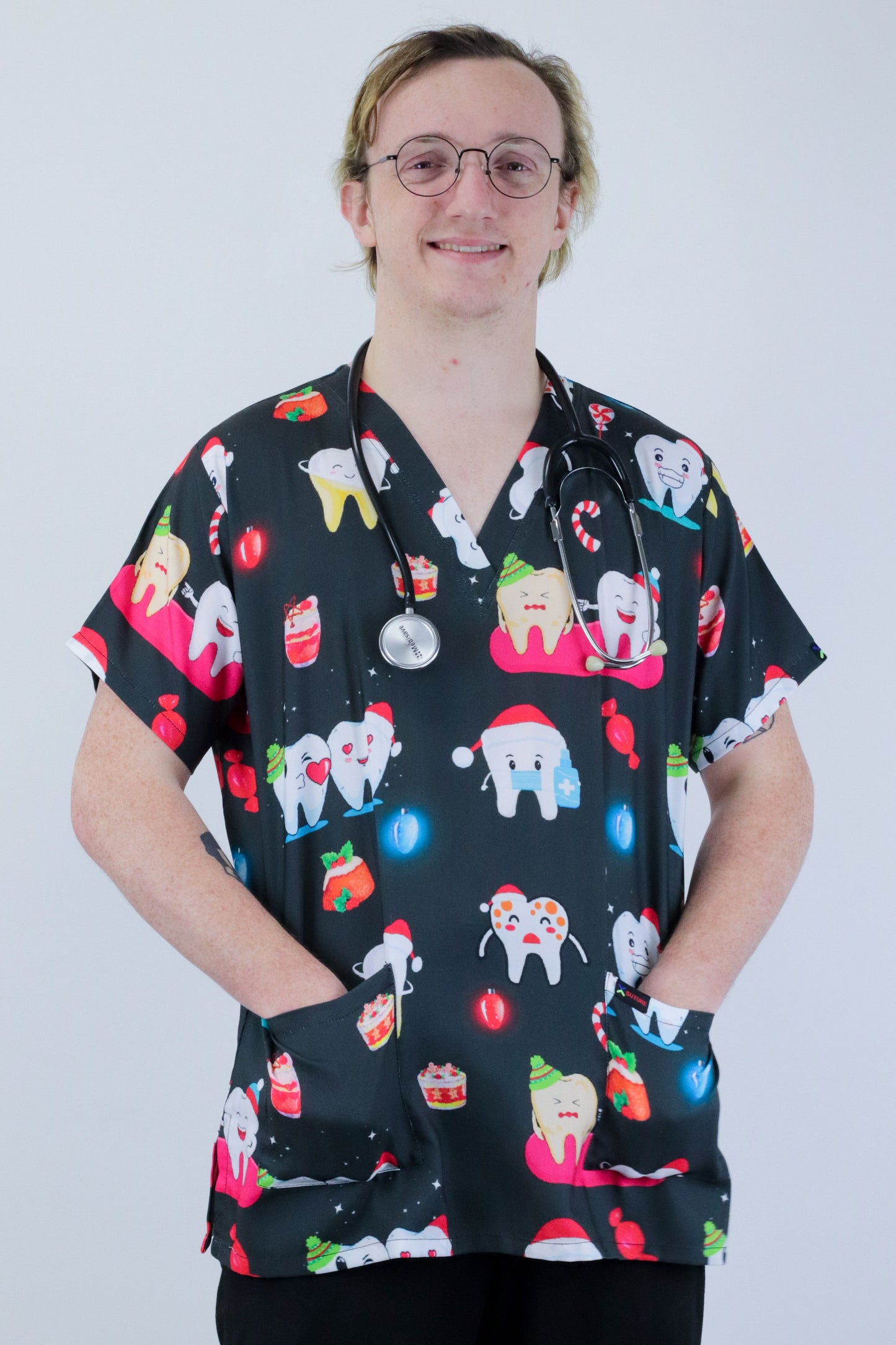 Glowing  Tooth Printed Christmas Scrub Top Australia Dentist Dental Hospital