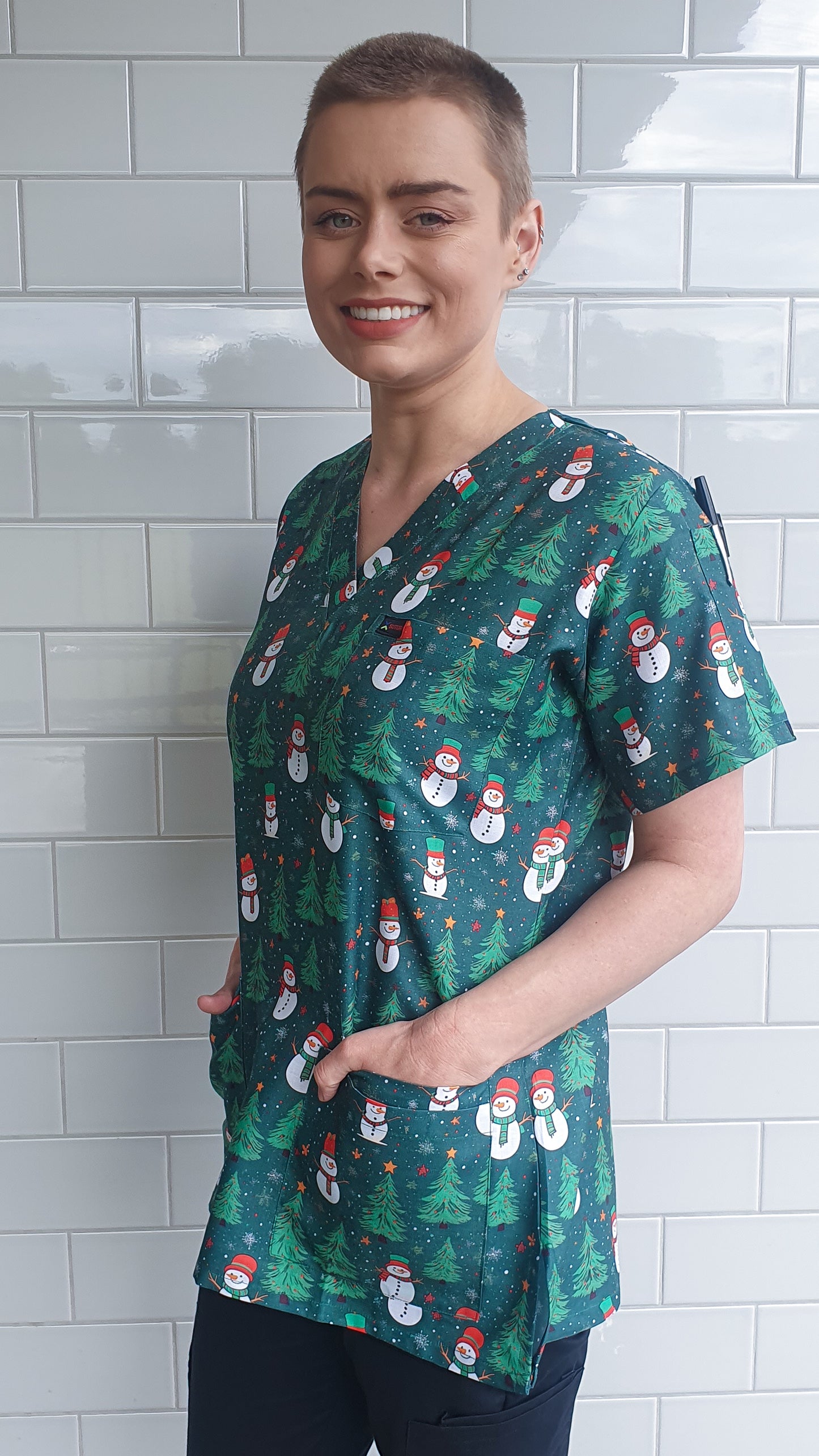 Christmas Snowman and Trees  Printed Scrub Top Australia