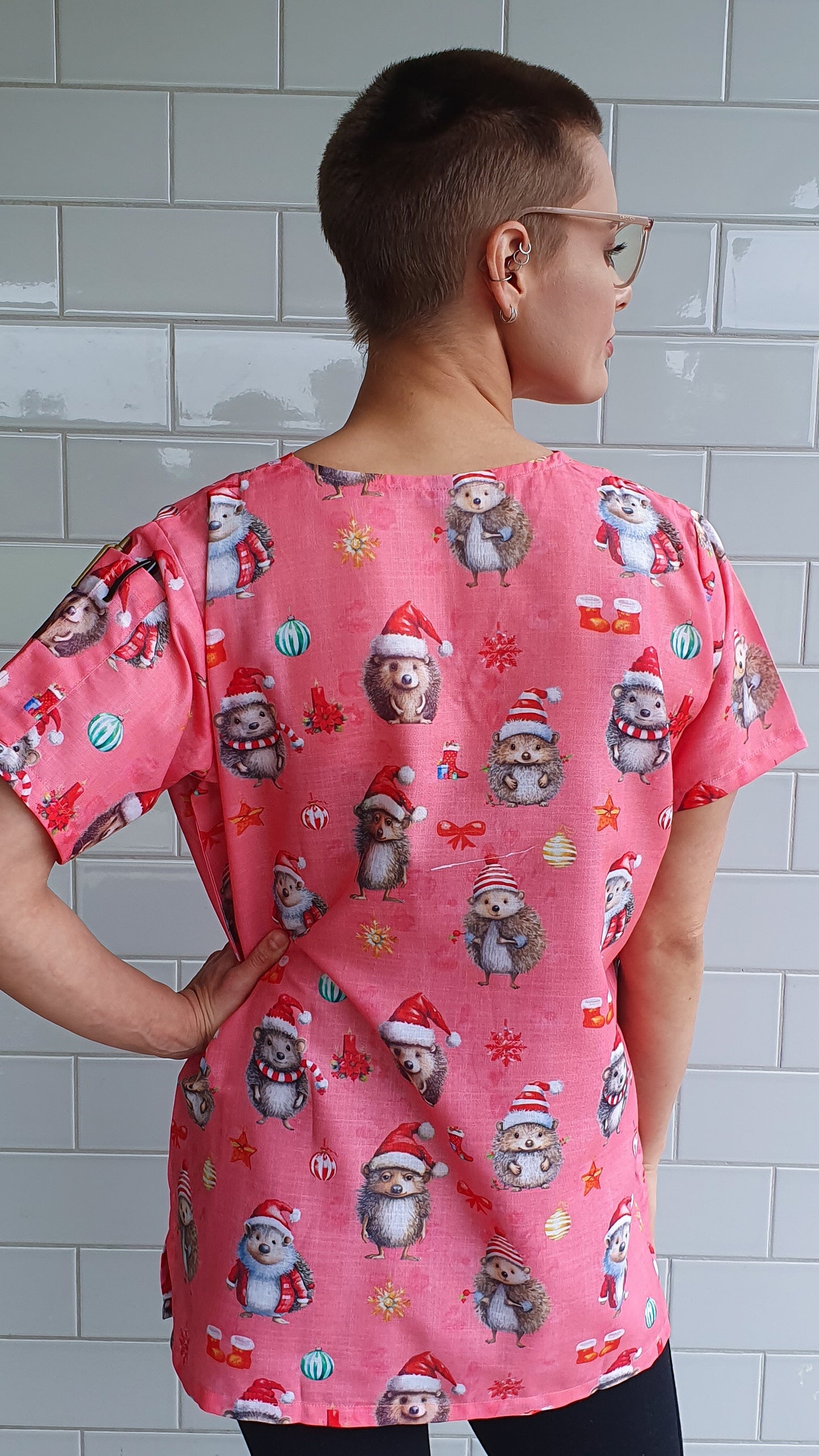 Hedgehog Christmas Printed Fun  Scrub Top Australia