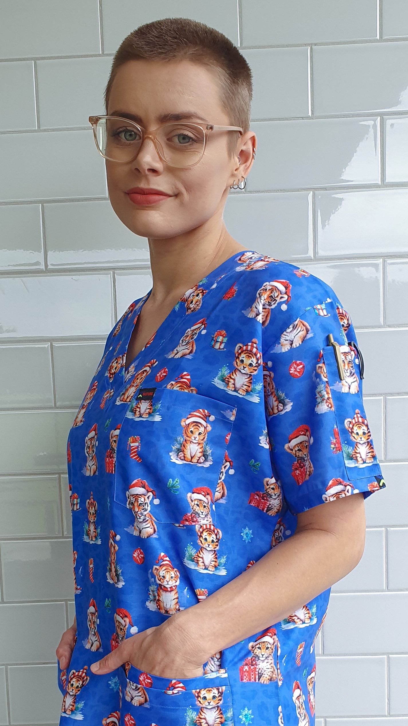 Christmas Tiger Printed Scrub Top Australia