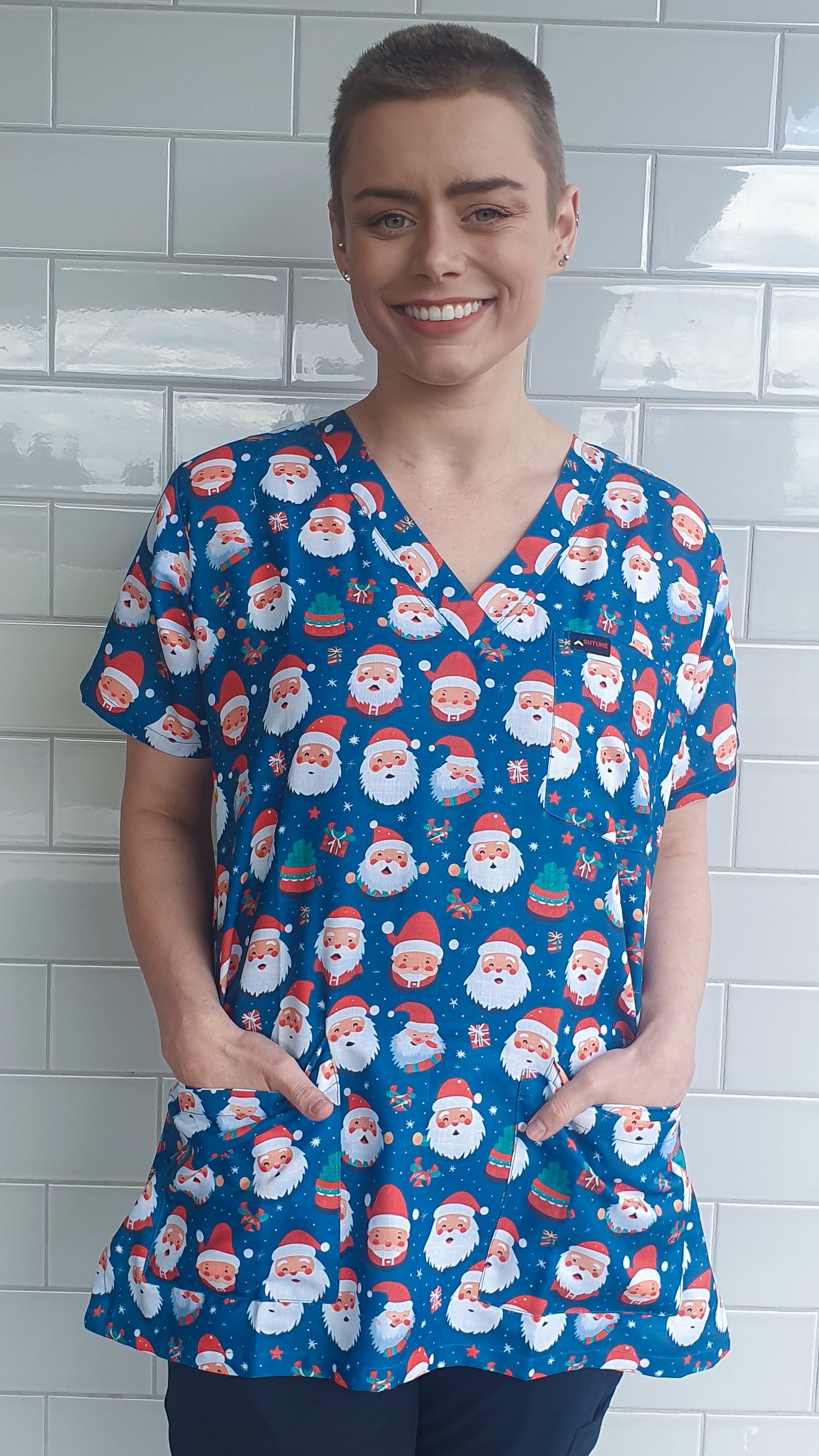 Santa Face  Christmas Printed Scrub Top Australia