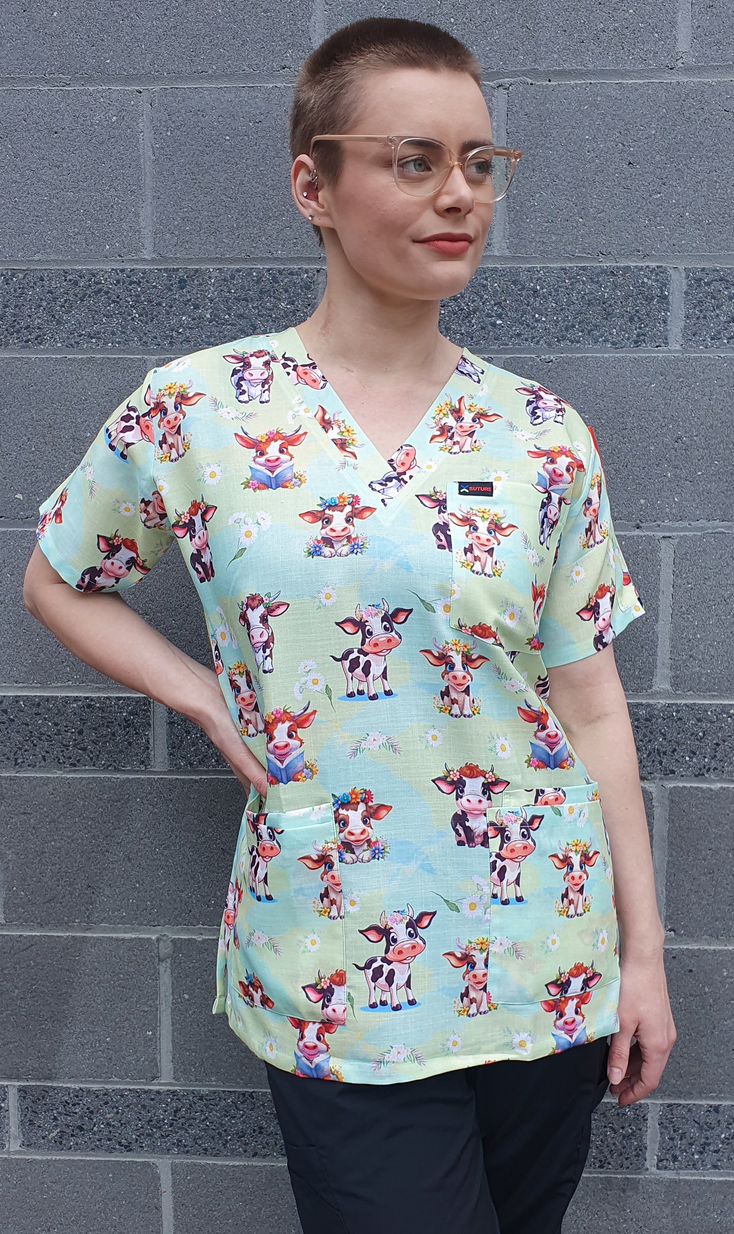 Cute Cow With Flowers Printed Fun Scrub Top Australia