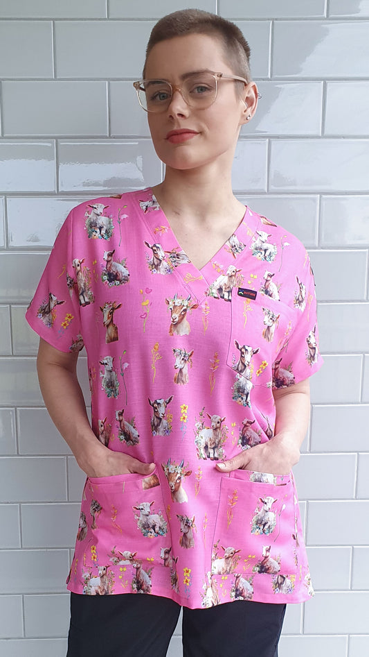 Cute Goat With Flowers Printed Fun Scrub Top Australia