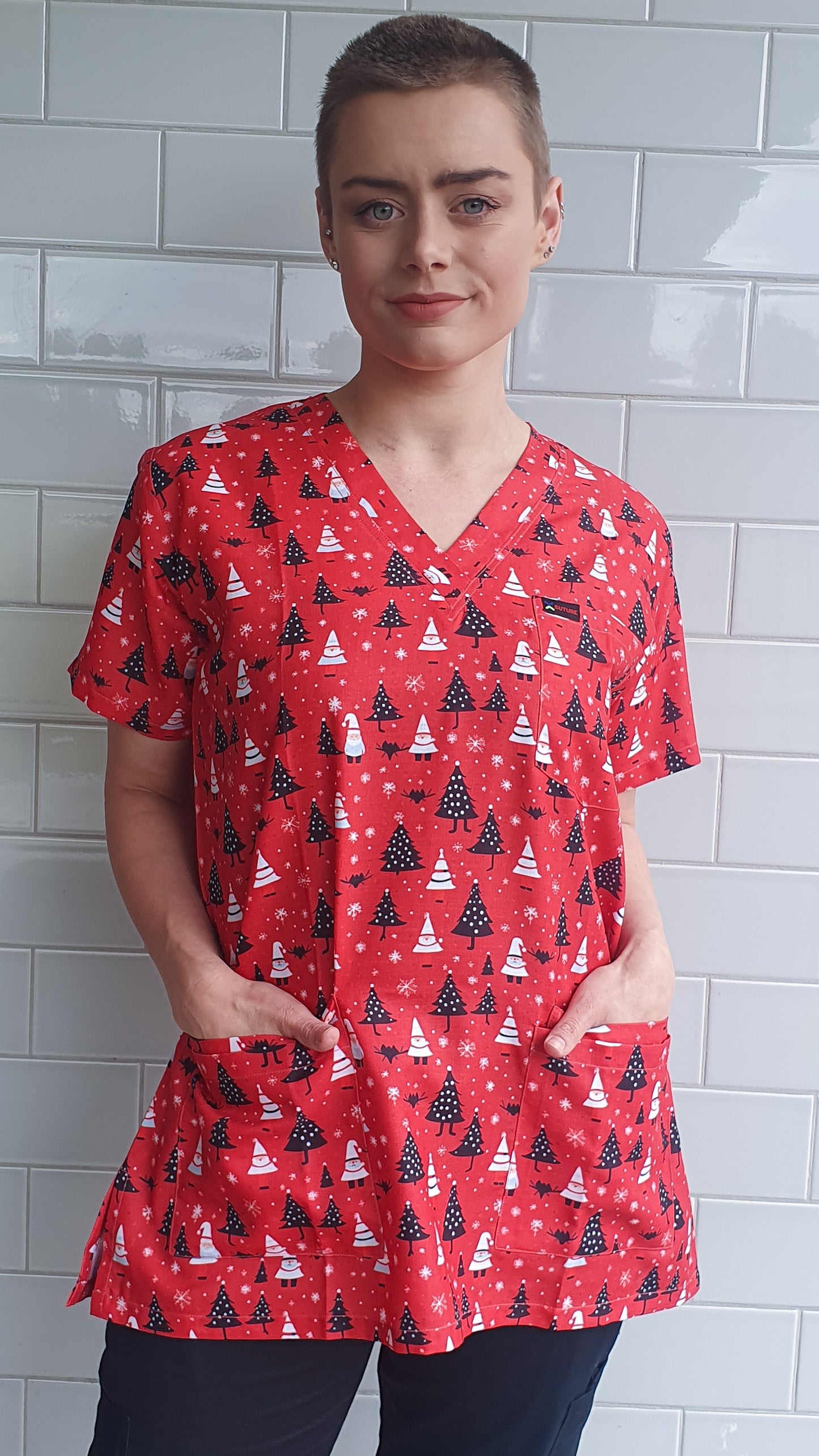 Christmas Tree and Santa Printed Red Christmas Scrub Top Australia