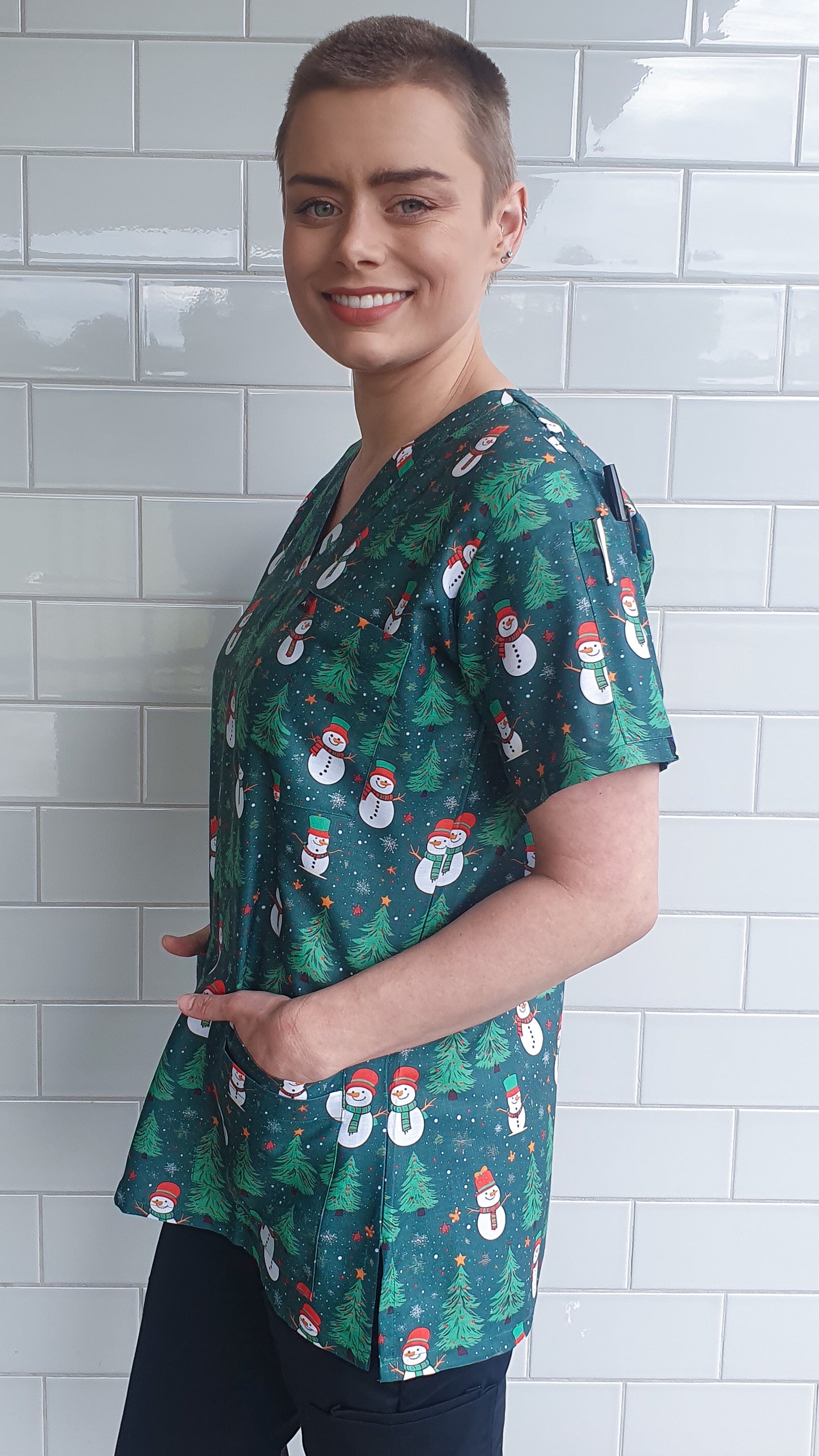 Christmas Snowman and Trees  Printed Scrub Top Australia