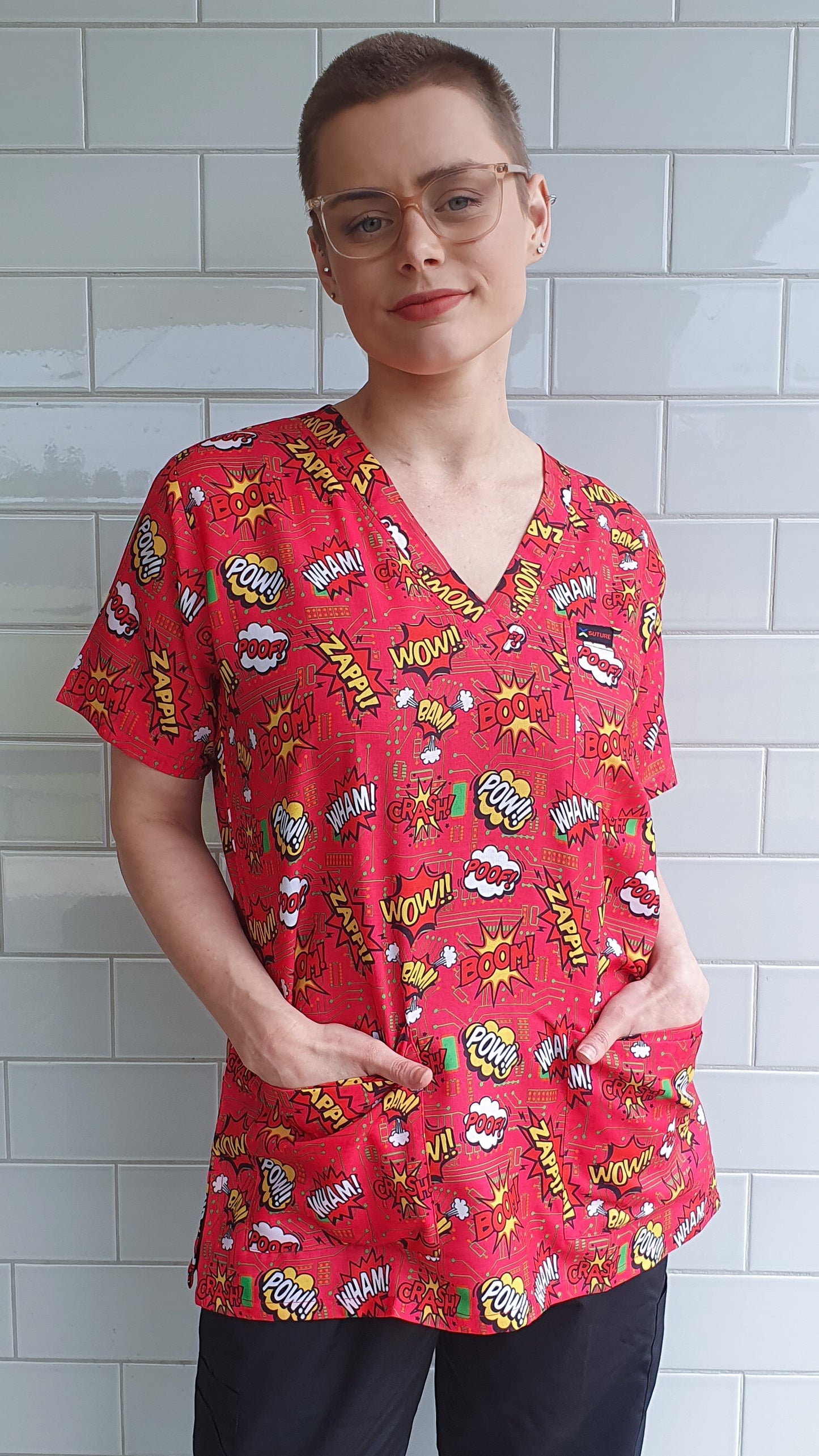 Comics Bubbles Super Hero Printed Fun Scrub Top Australia