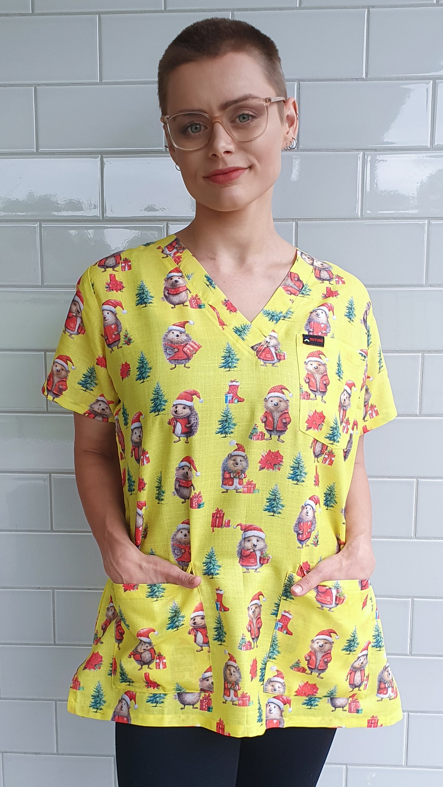 Yellow Hedgehog Christmas Printed Fun  Scrub Top Australia