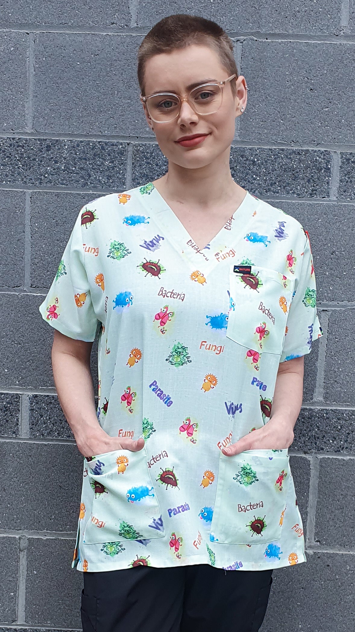 Cute Microorganism Bacteria Virus  Fungi Printed Scrub Top