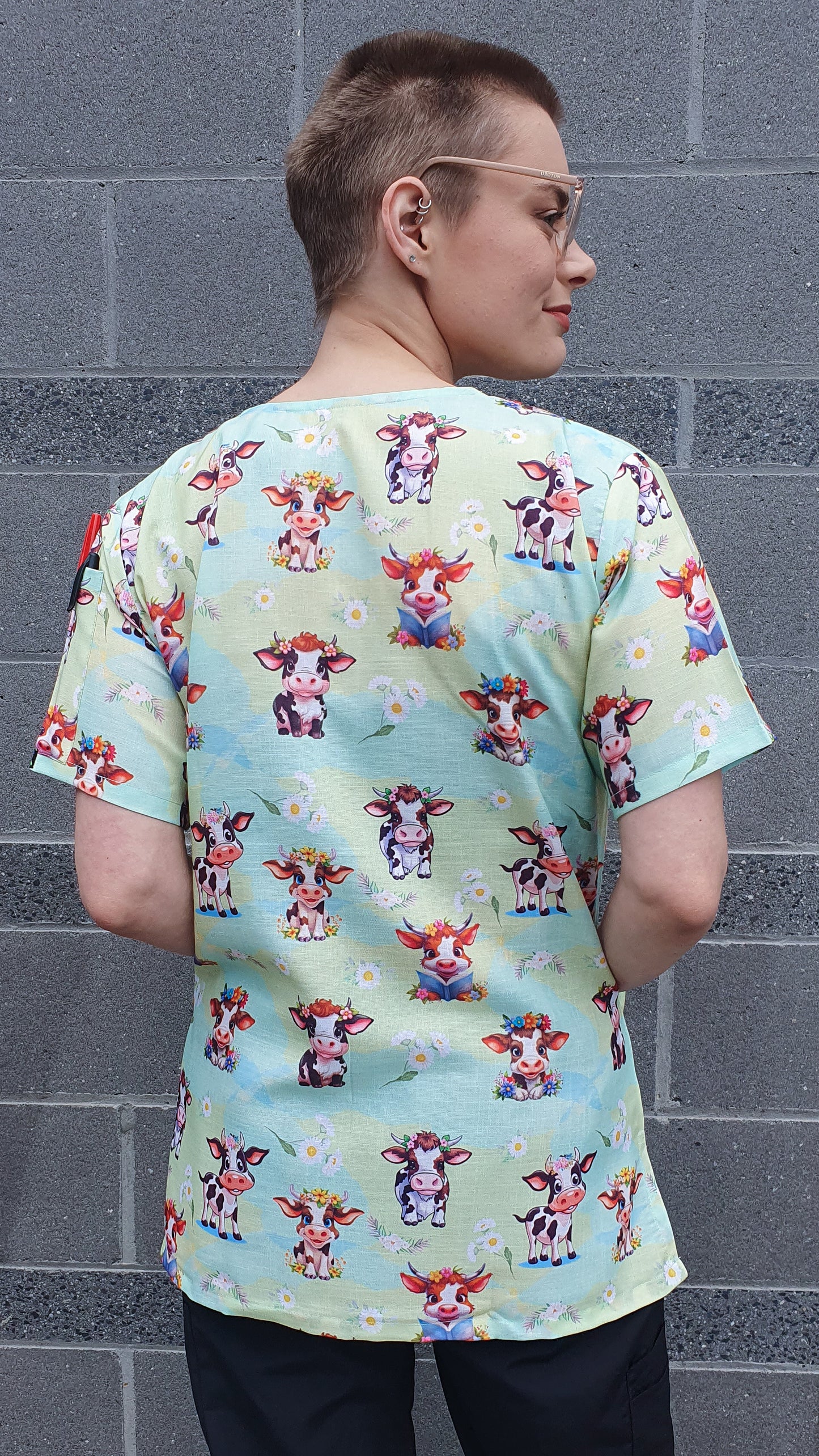 Cute Cow With Flowers Printed Fun Scrub Top Australia