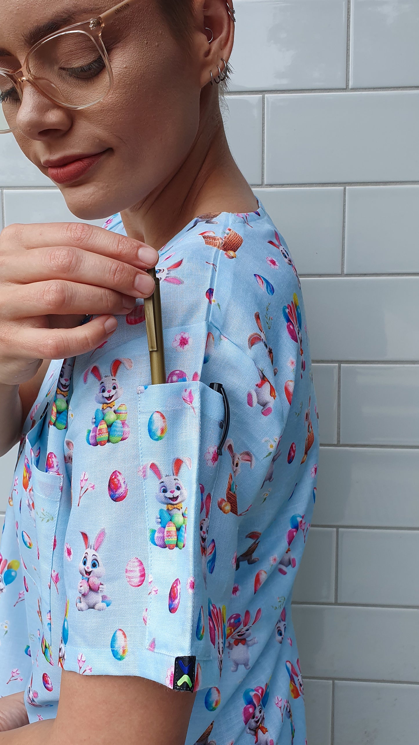 Smiling Easter Bunny with Egg And Baloon  Printed Fun Scrub Top Australia