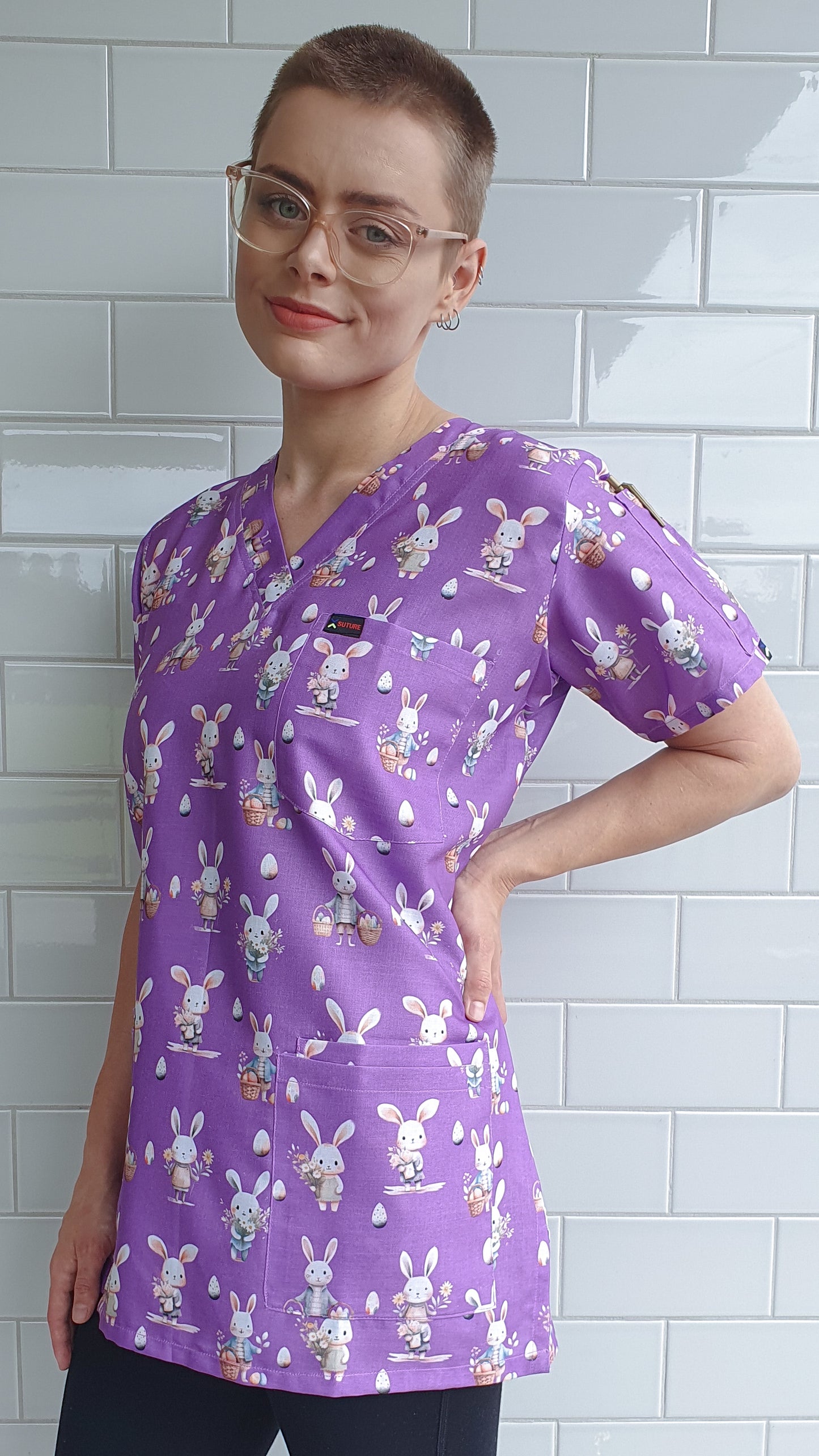 Easter Bunny Egg And Flower Basket Printed Fun Scrub Top Australia