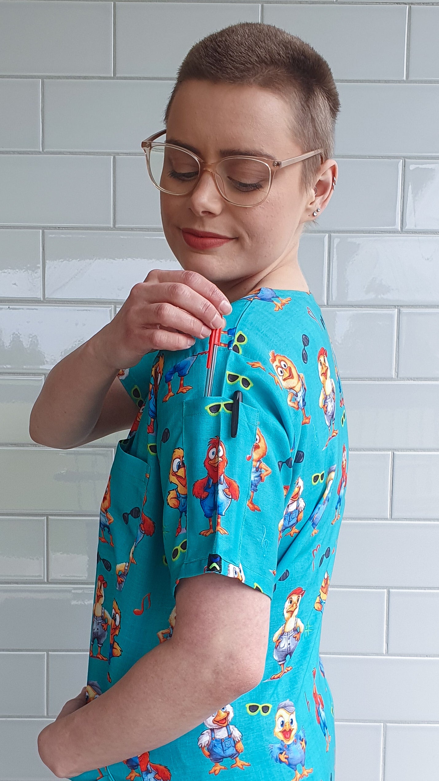 Funky Chicken With Glass  Printed Fun Scrub Top Australia