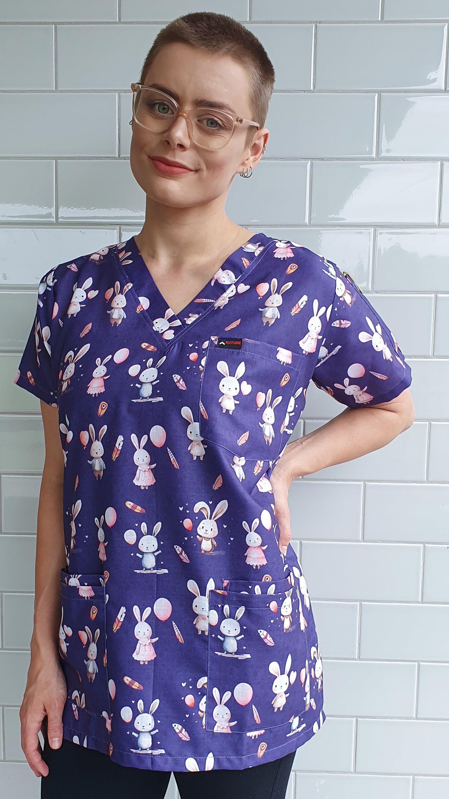 Easter Bunny With Baloon And Feathers  Printed Fun Scrub Top Australia