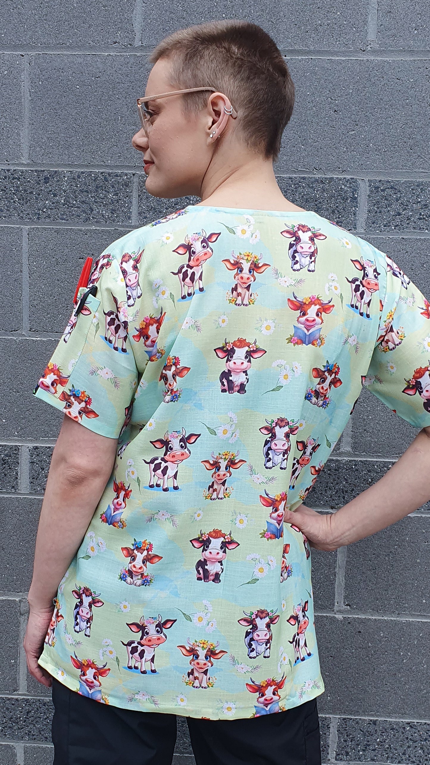 Cute Cow With Flowers Printed Fun Scrub Top Australia