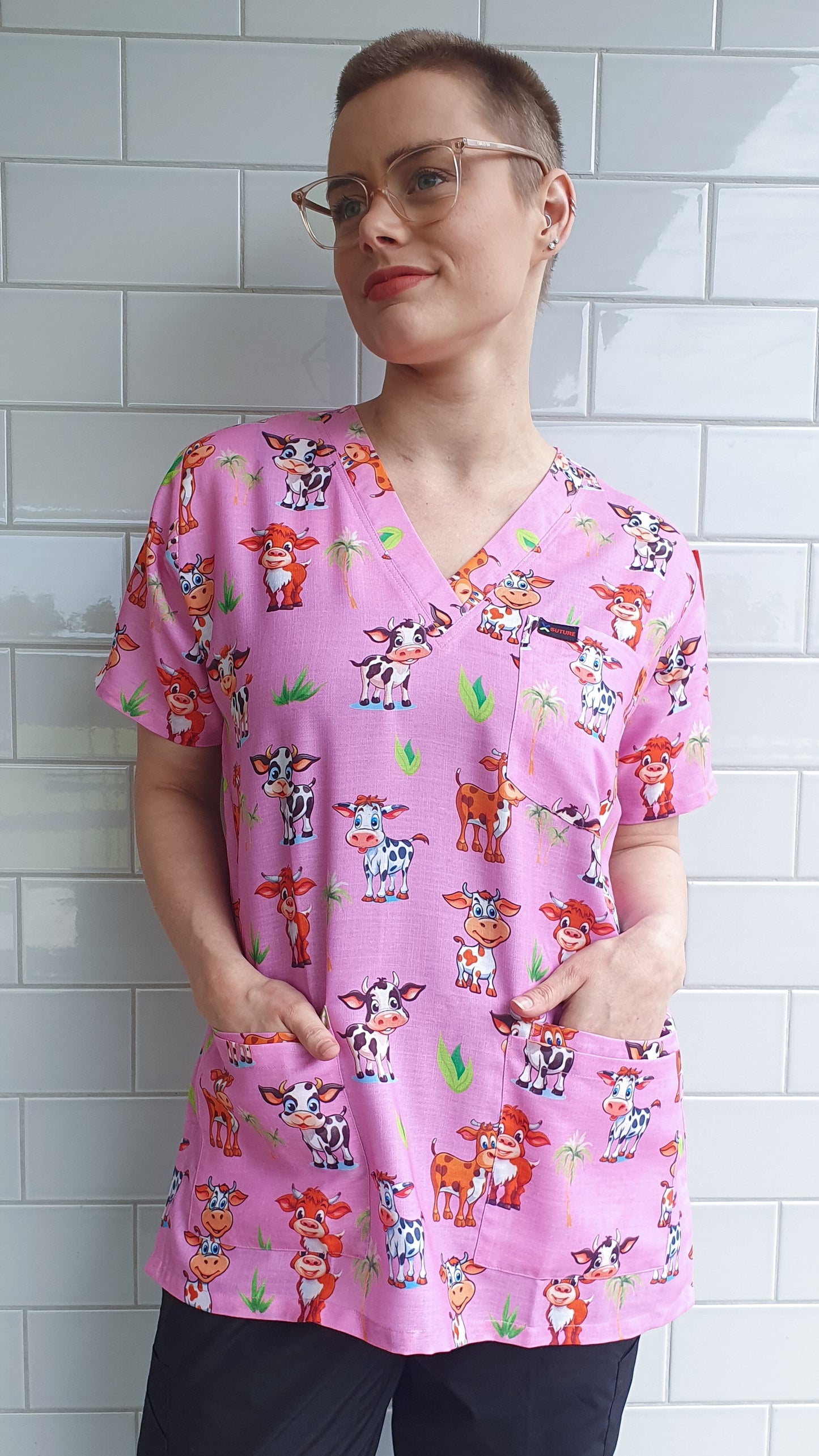 Smiling Cow With Green Trees  Printed Fun Scrub Top Australia